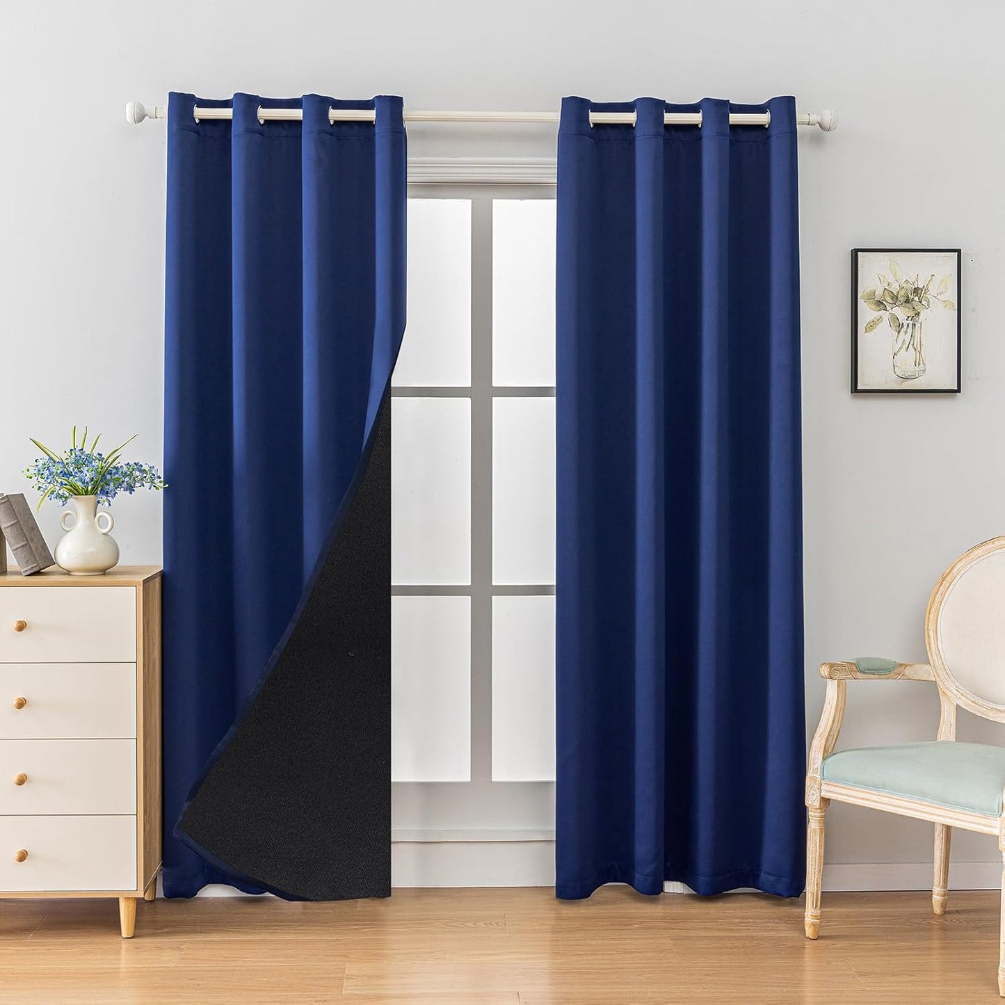 Anytime 100% Blackout Curtain Set, Thermal Insulated & Energy Efficiency Window Draperies for Guest Room, Full Shading Panels for Shift Worker and Light Sleepers（Navy Blue, 2 Panels, 52W x 80L）
