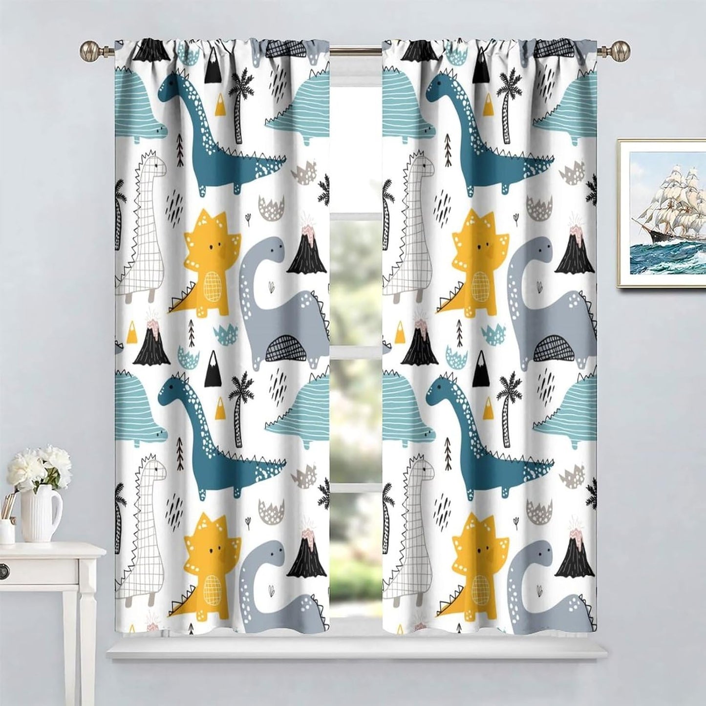 Kids Dinosaur Curtains for Boys Girls Bedroom Decor Cartoon Dino Colorful Cute Funny Wildlife Animal Printed Blackout Rod Pocket Window Drapes for Baby Nursery Playroom Living Room W26xL84in 2 Panels