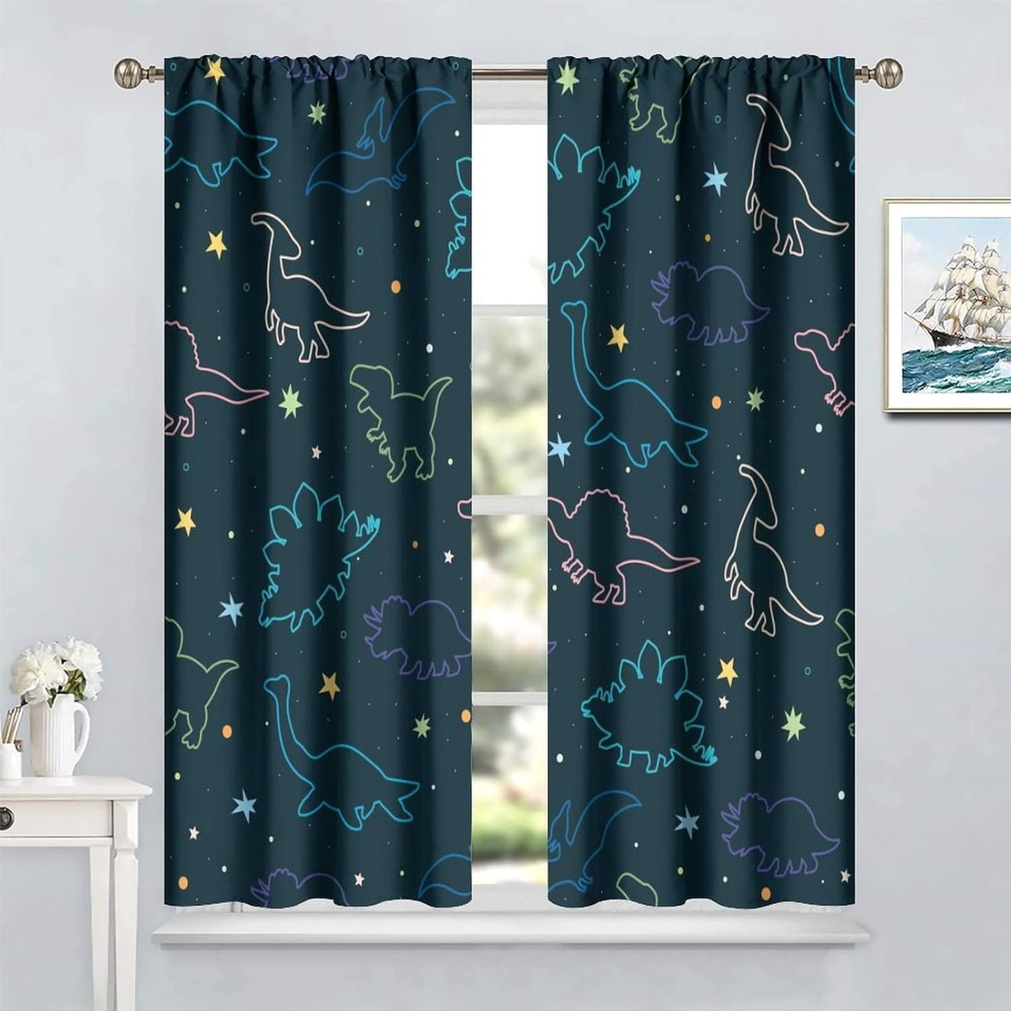 Cartoon Colorful Dinosaur Curtains for Kids Boys Girls Home Decor, Astronaut Funny Outer Space Star Blackout Rod Pocket Window Drapes for Bedroom Living Room W42xL84in 2 Panels