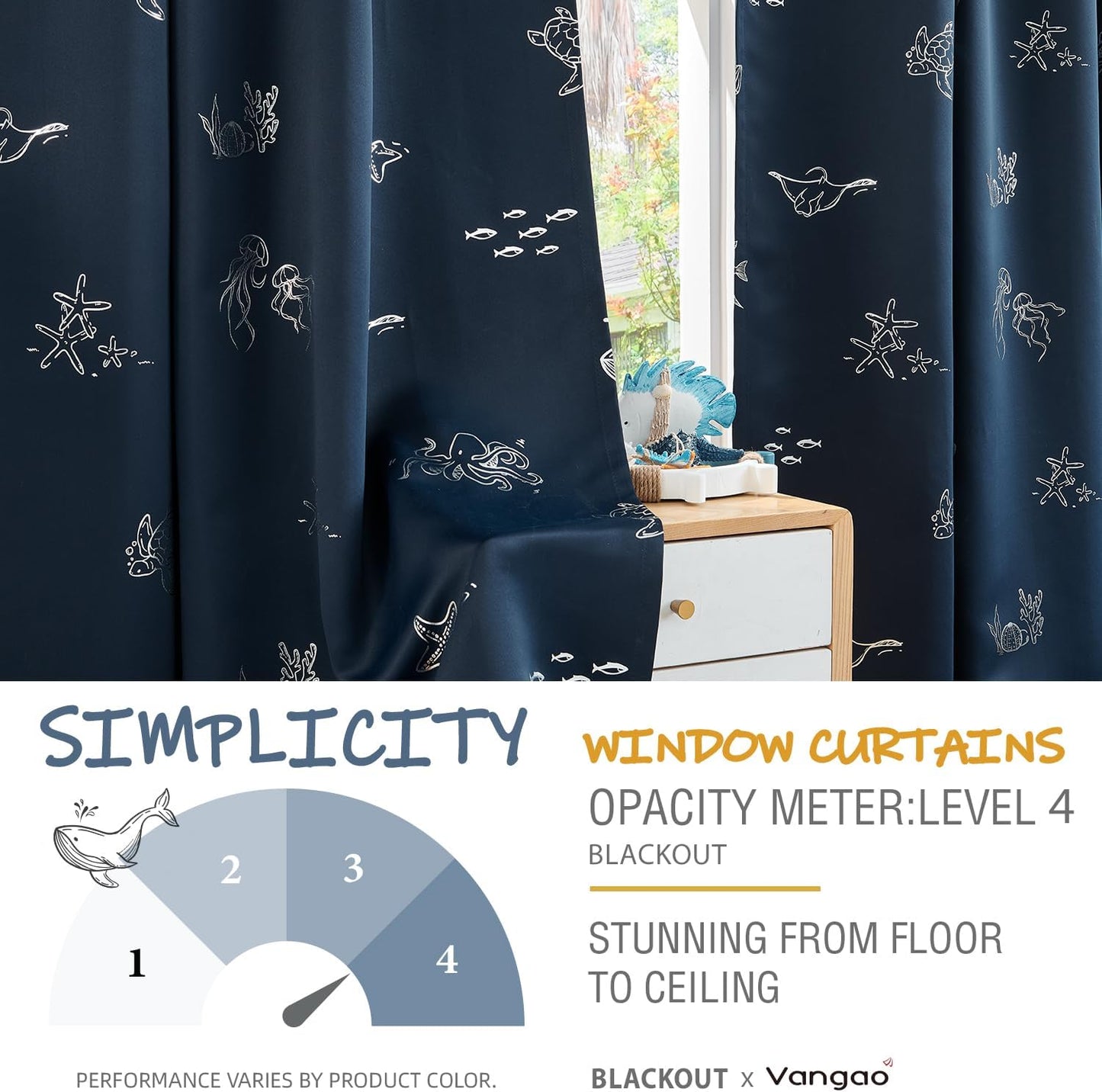 Vangao Kids Curtains for Boys Bedroom Kids Blackout Curtains 96 Inch Length Ocean Aquarium Nursery Drapes for Girls Bedroom Silver Sea Animals Print Thermal Insulated Drapes, Navy Blue 2 Panels