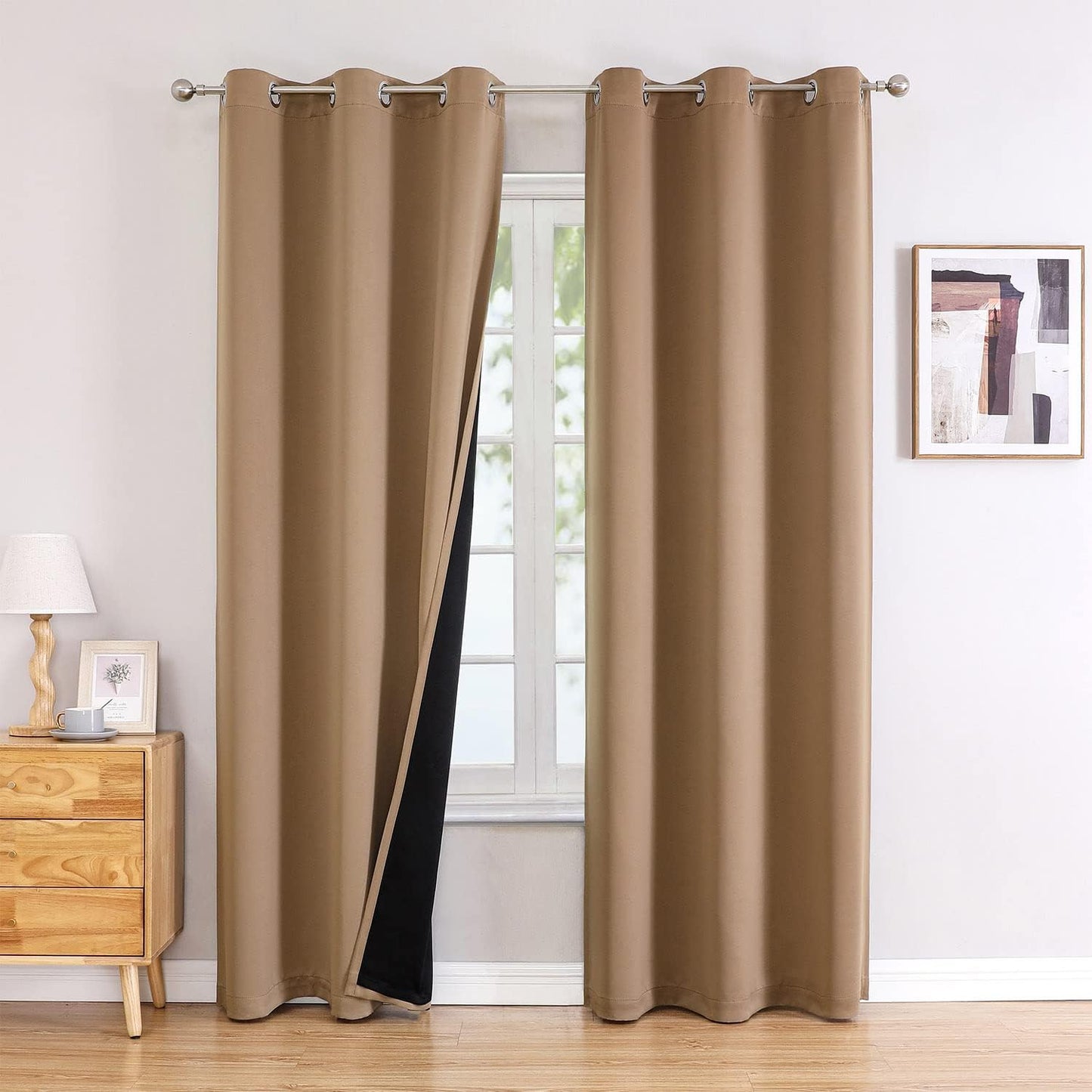 ChrisDowa 100% Blackout Curtains 78 inch Long for Bedroom with Black Liner, 2 Thick Layers Total Blackout Thermal Insulated Grommet Window Curtains 2 Panels Set (Cappuccino, 42 x 78 Inch)