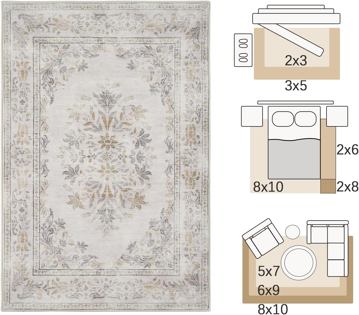 jinchan Floral 2x3 Rug for Entryway - Vintage Washable Area Rug Ultra-Thin Low Pile Soft Small Non Slip Distressed Indoor Door mat Accent for Entrance Kitchen Bedroom Bathroom (2x3ft,Light Grey)