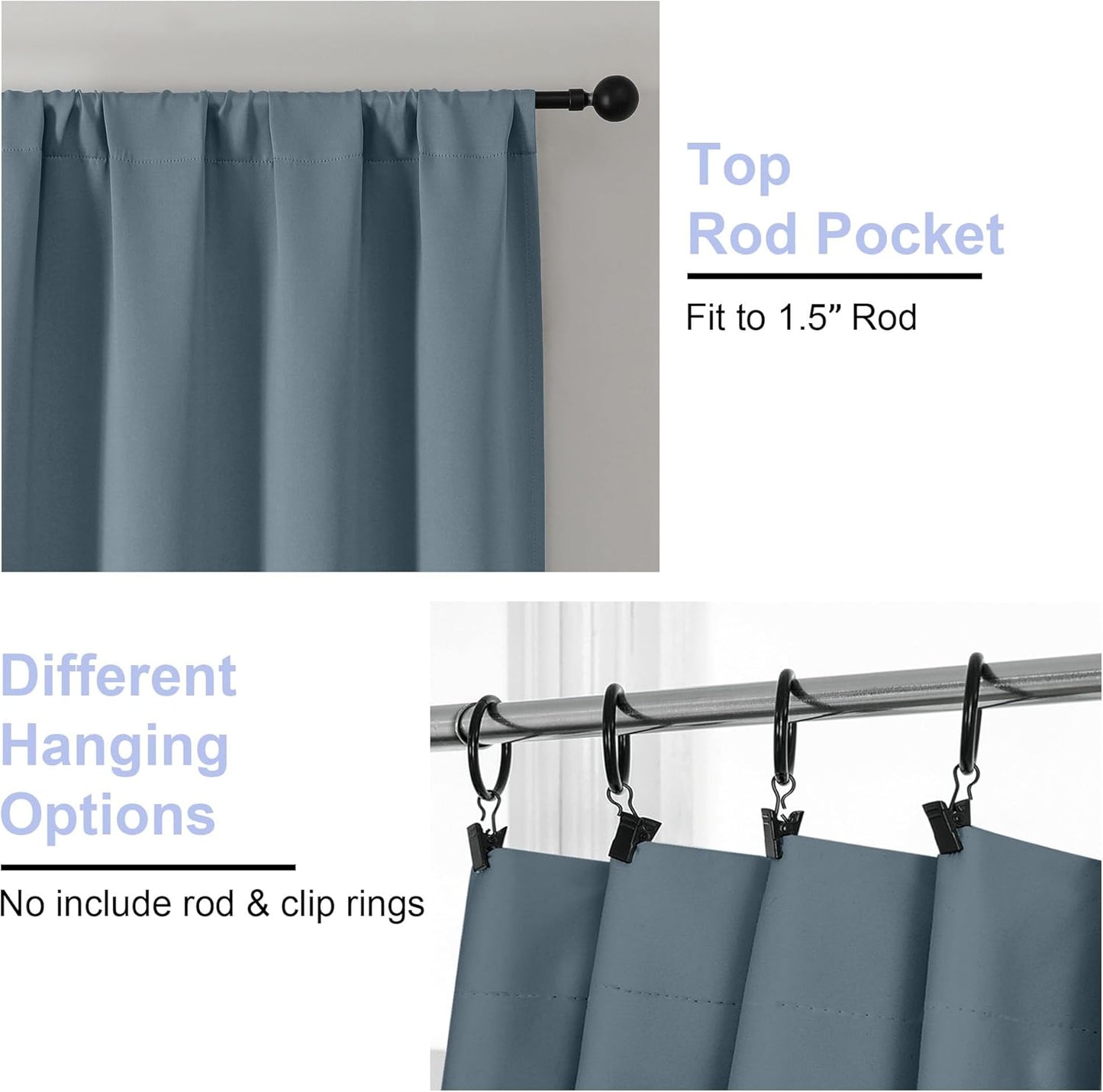Simplebrand Ava Stone Blue Blackout Curtains for Bedroom 90 Inches Long 2 Panels Set, Solid Privacy Energy Saving Living Room Window Treatment Curtains Blackout Drapes, W40 x L90 Inch, Stone Blue