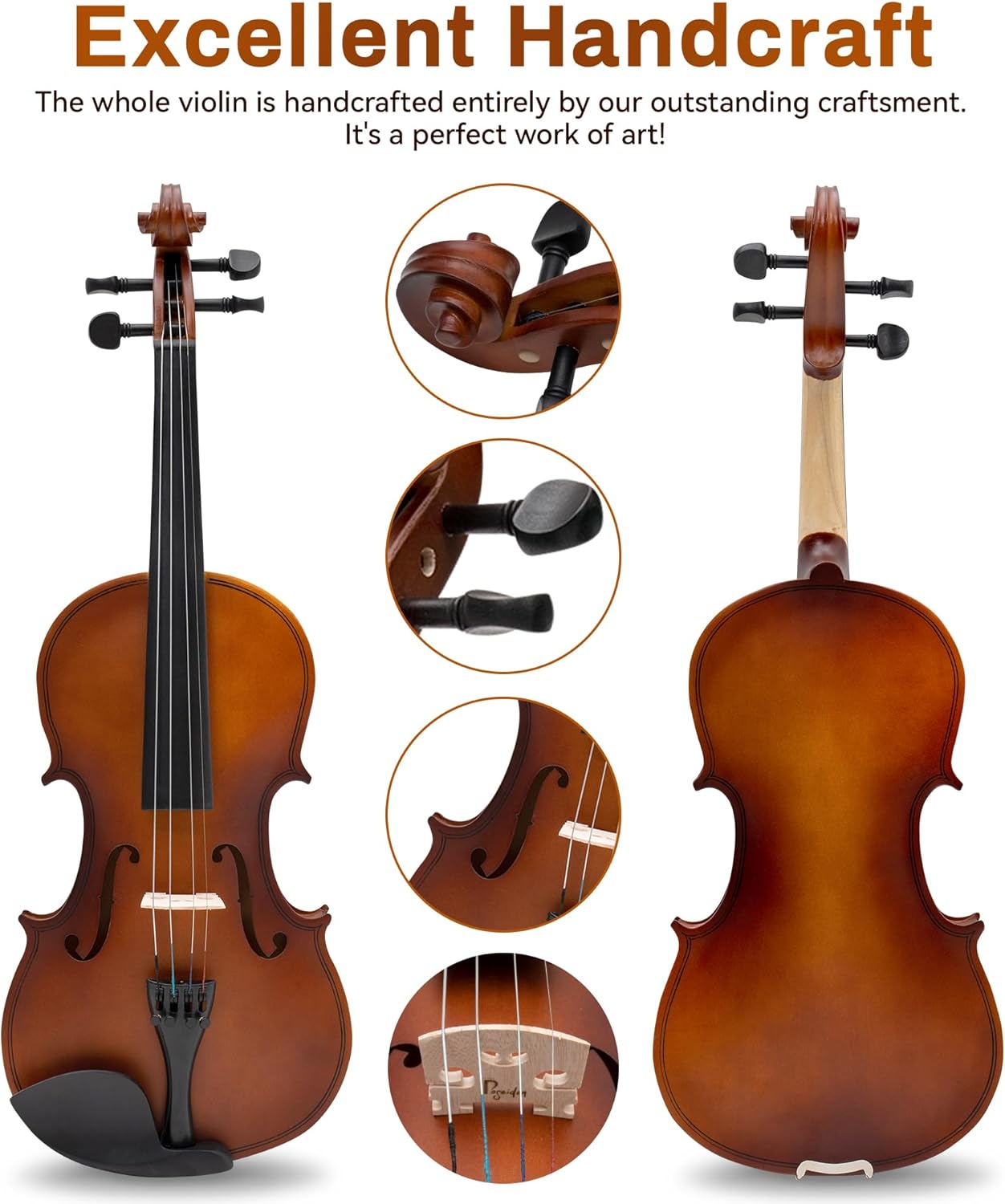 Poseidon 3/4 Violin Set for Beginner - Premium Handcraft Violin for Kids Adults with Hard Case, Bow, Rosin, Extra Violin Strings 3/4 Full Set, Shoulder Rest, Clip-on Tuners - Matte Brown