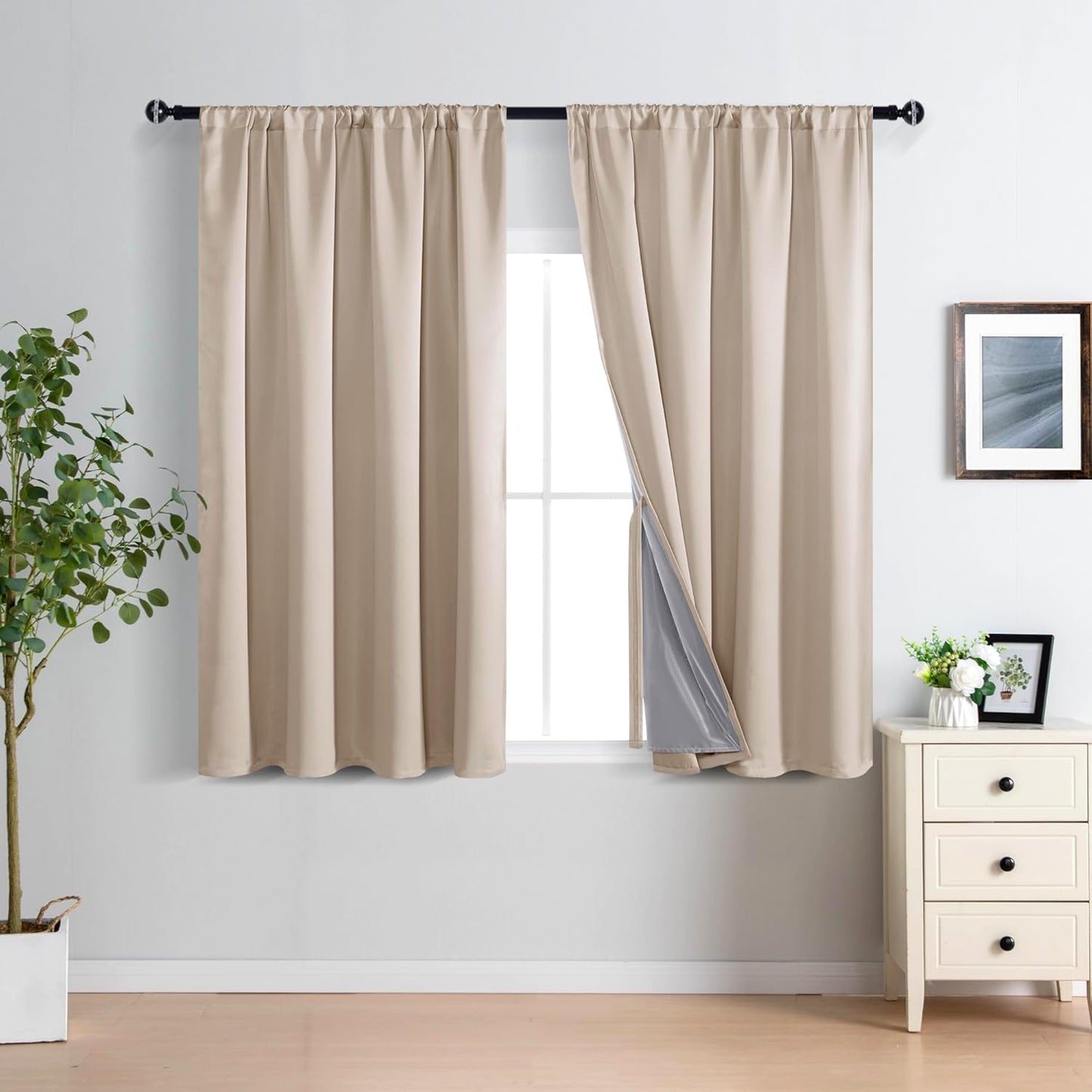 XWZO 100% Blackout Window Curtain Panels with Tiebacks- Noise Reduction and Light Blocking Rod Pocket Curtains with Black Liner for Studio, Basement Room, Biscotti Beige, W52 x L54, Set of 2
