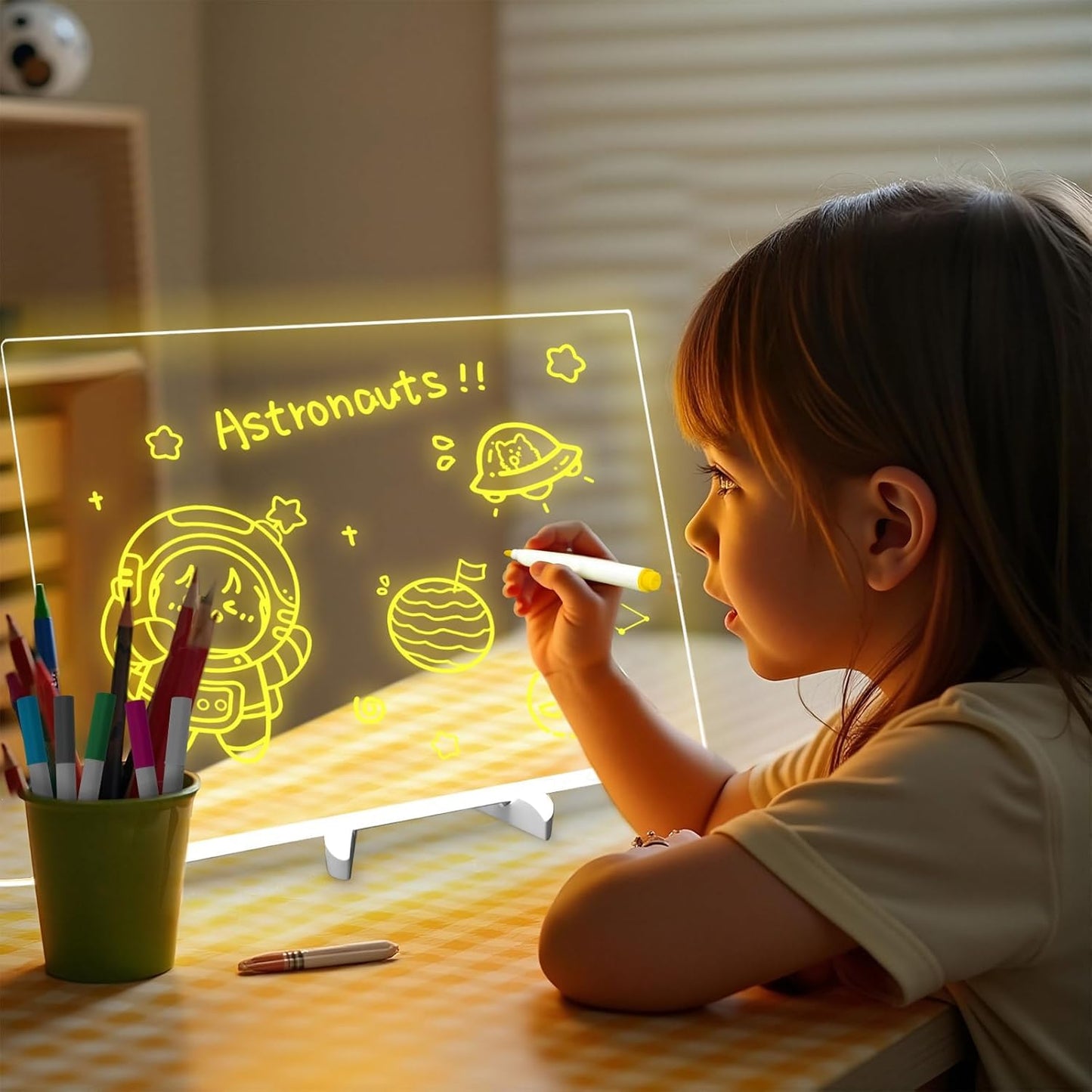 MOUNTCLI 14x10 inch LED Note Board with Colors, 7 Modes Glowing Acrylic Dry Erase Board with Light UP Drawing Memo Board Glow Message Board with 12 Pens for Kid Adult Holiday Gift Toys