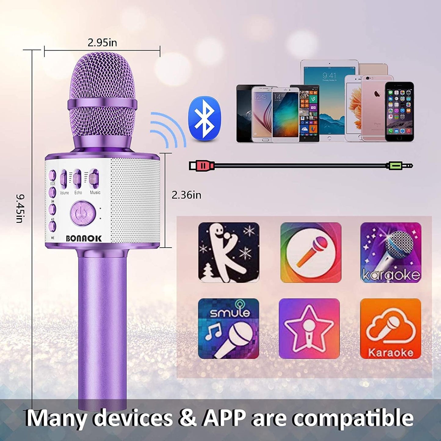 BONAOK Wireless Bluetooth Karaoke Microphone, 3-in-1 Portable Handheld Mic Speaker Machine for All Smartphones, for Girls Boys Kids Adults All Age Q37(Light Purple)