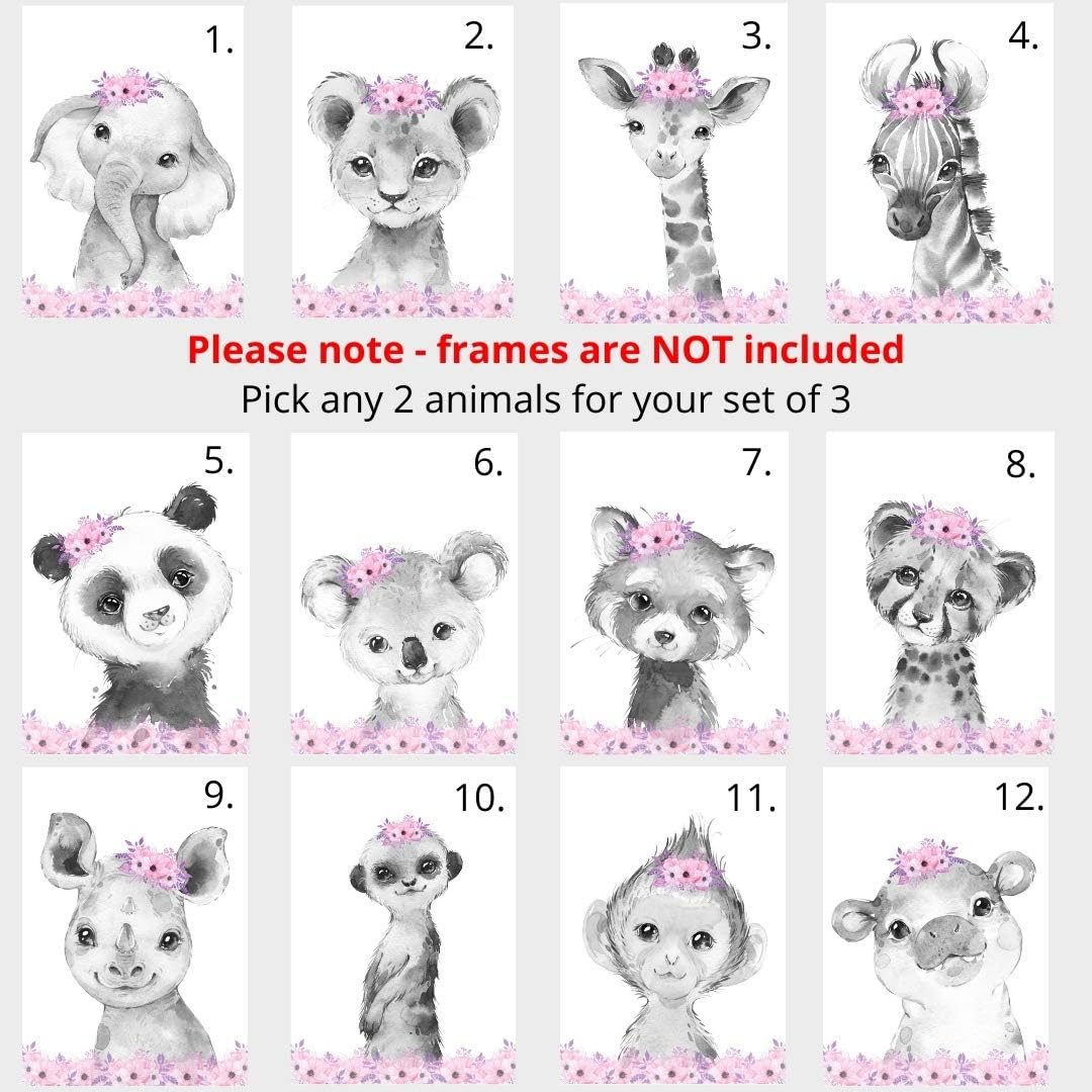 Safari Animals Girls Nursery Bedroom Unframed Set of 3 Poster Prints, Personalized Name Pink or Purple Flowers Wall Art Decor New Baby Gift Present, Elephant Giraffe Panda Zebra Lion (17x22)