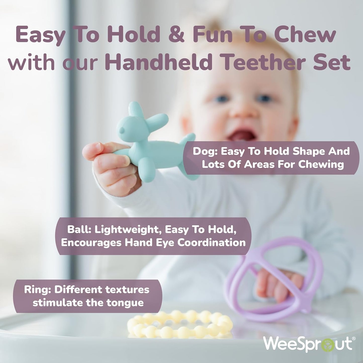 WeeSprout Silicone Baby Teether Toys for Infant Babies and Toddlers, Cute Ring, Puppy Dog, and Ball, Soft and Flexible, BPA Free, Boys and Girls (Matte Dark Gray, Blue & Green)