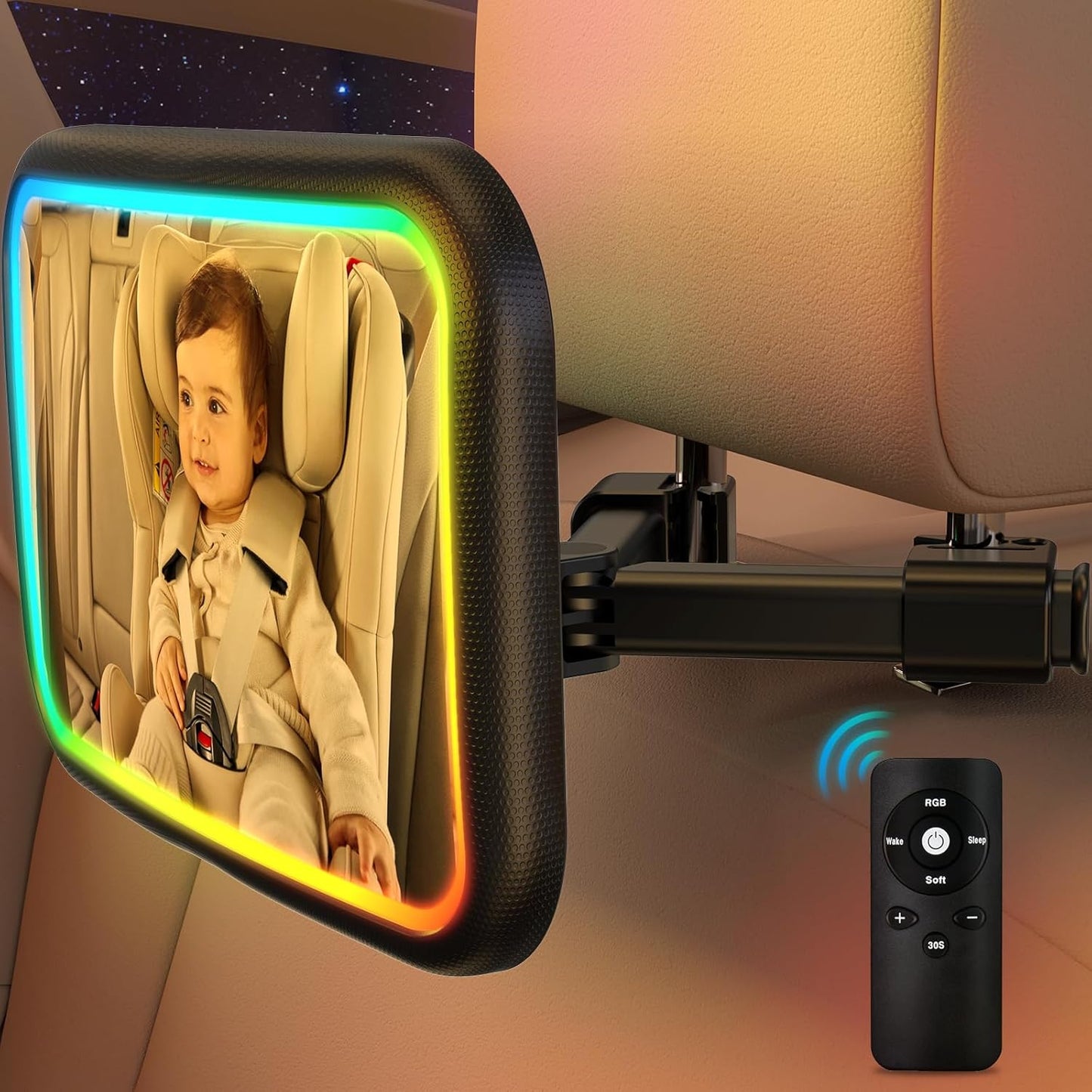Baby Car Mirror with Light, 7 RGB Light Rear Facing Baby Car Seat Mirror with Remote Control Rechargeable 360° Rotation Hook Clip Design Wide View Shatterproof