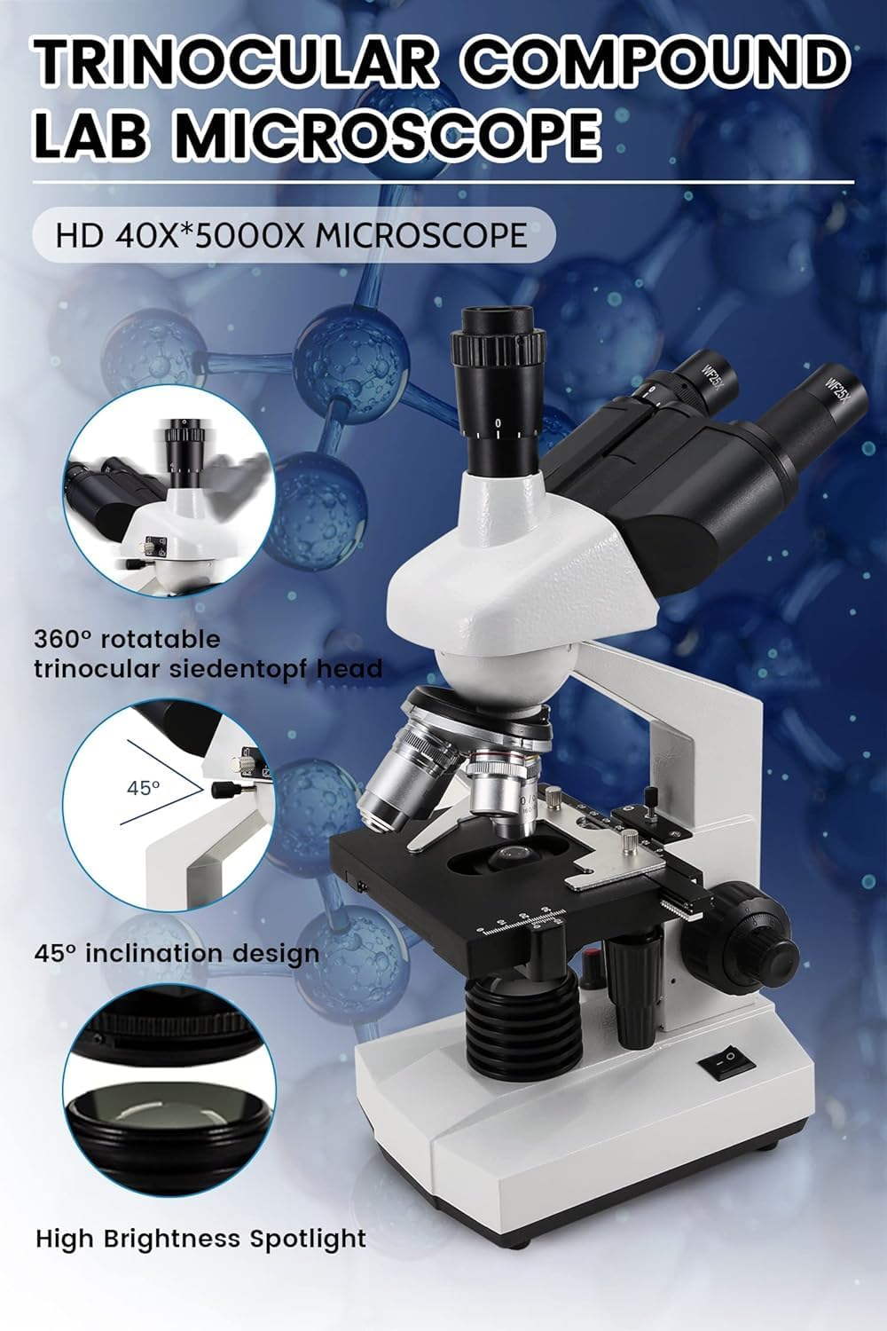 40X-5000X Compound trinocular Microscopes trinocular for Adults,Display Screen, Microscope Accessories, Microscopes for School Laboratory Home Education Abbe Condenser