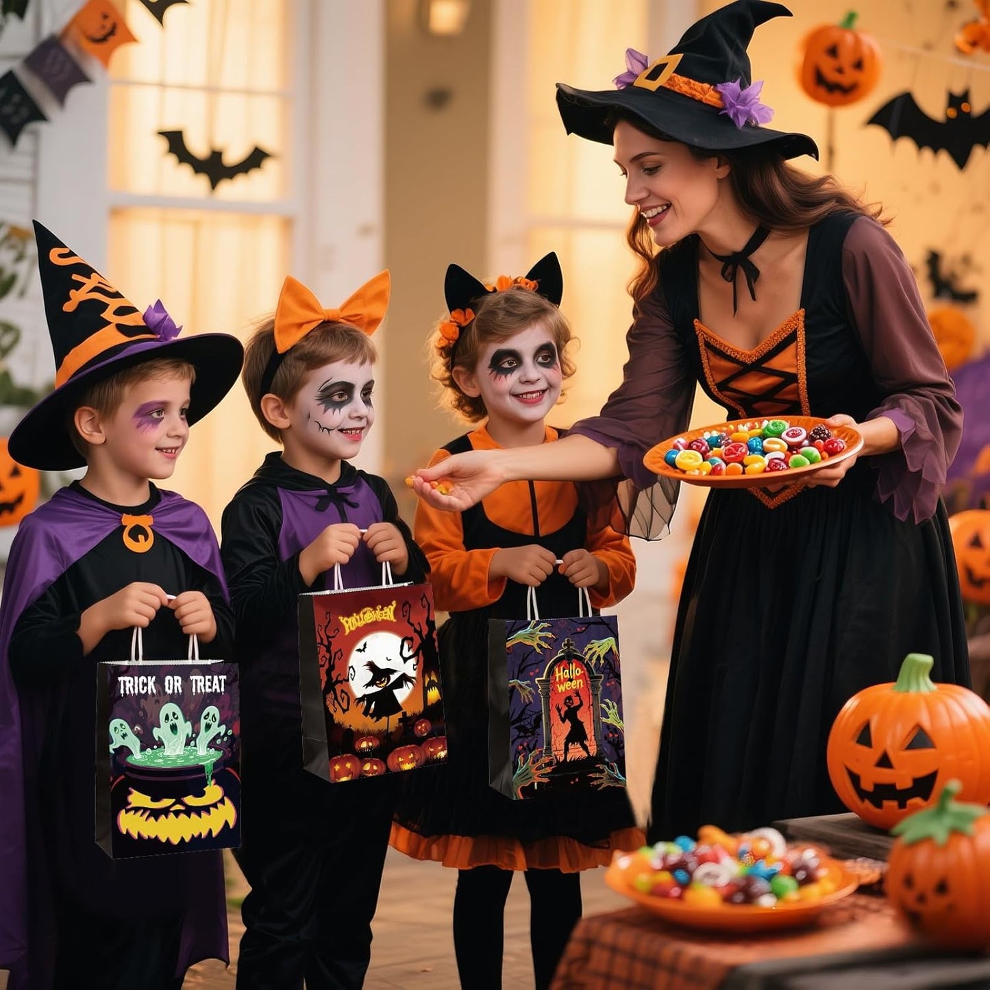 Winrayk Glow Halloween Trick or Treat Tote Paper Bags, Self-designed Party Favor Goodie Candy Gift Bags Bulk (4 Styles, 24 Pack), Neon Glow in the Dark Kids Halloween Party Favors Birthday Supplies