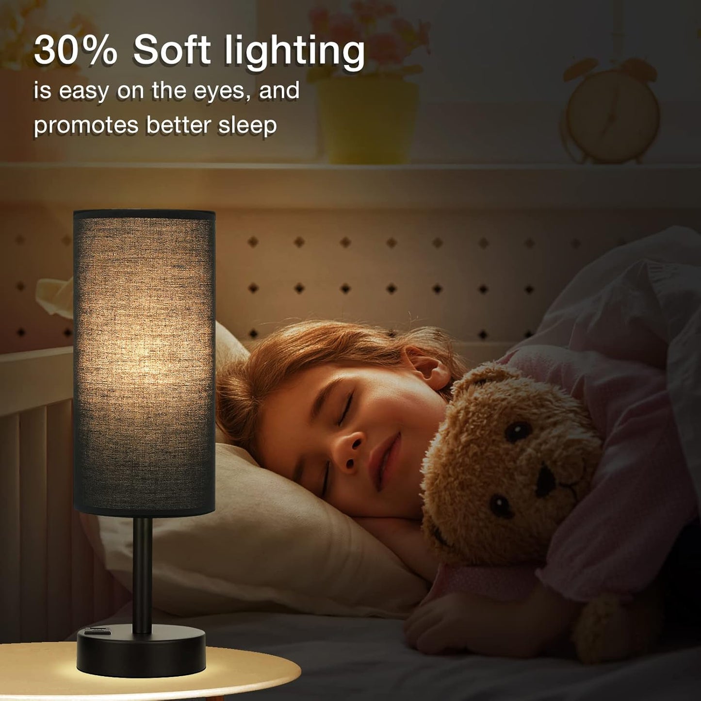 Black Touch Nightstand Lamps for Girl - Small Bedside Lamp with USB-C and USB Charging Ports, 3 Way Dimmable Control Table Lamp for Living Room Office, Dorm, Reading with Fabric Shade Black Base