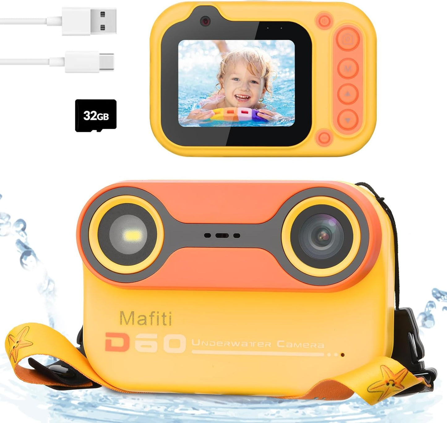 Mafiti Kids Waterproof Digital Camera Underwater Camera for Snorkeling and Diving 48MP 1080P HD Digital Camera with 2.4" IPS Display USB Rechargeable for Videos and Photos with 32GB Card Orange