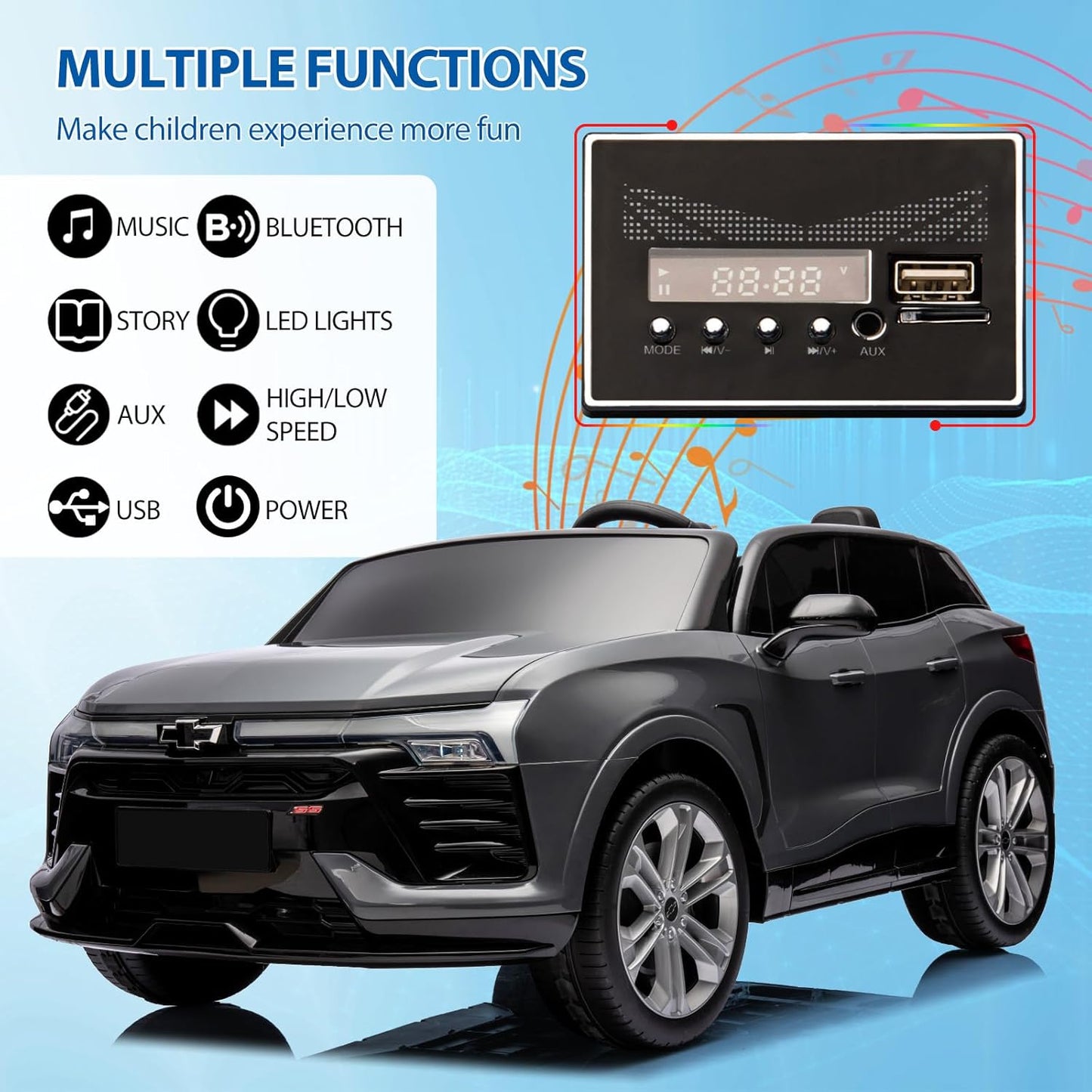 Hetoy 24V 2-Seater SUV Licensed Chevrolet Blazer Ride On Car Toy w/Parent Remote Control, 3 Speeds, Wireless Music, MP3 Player, Electric Car for Kids Ages 3-8, Grey