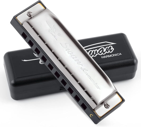 SWAN Blues Harmonica C Key for Kids Adults, 10 Hole Diatonic Harmonica Key of C, Metal Blues Harp for Beginners Students, Mouth Organ in Case, Silver