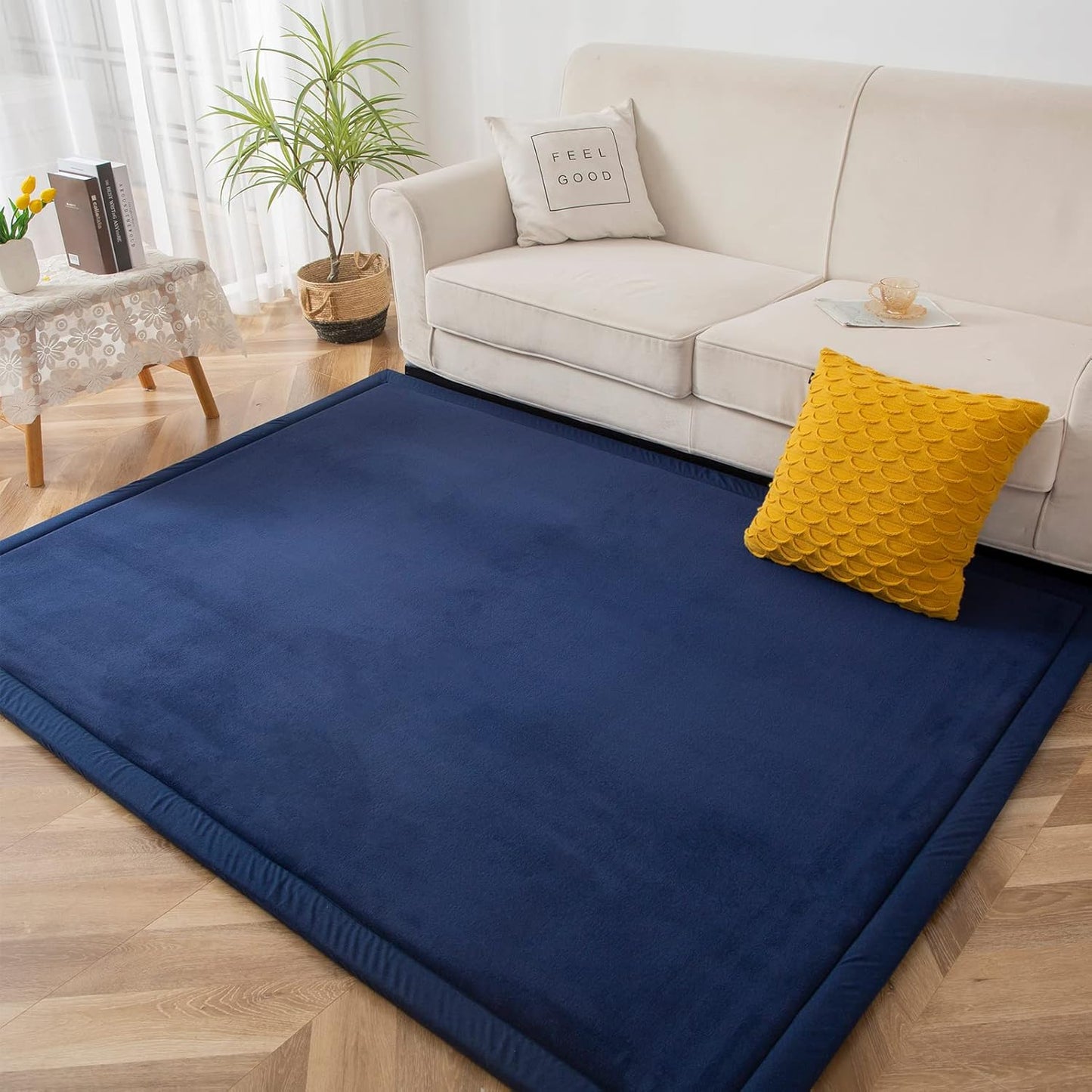 MAXYOYO Coral Velvet Area Rug, Thick Japanese Tatami Mat Living Room Carpet with Non-Slip Backing, Large Solid Color Mat for Bedroom Dormitory Yoga, Navy, 78 by 118 inch