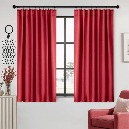 ANRODUO Back Tab Blackout Curtains for Bedroom Living Room, Rod Pocket Pinch Pleated Thermal Insulated Room Darkening Curtains 54 Inches Long 2 Panels, Red, 42 x 54 Inch