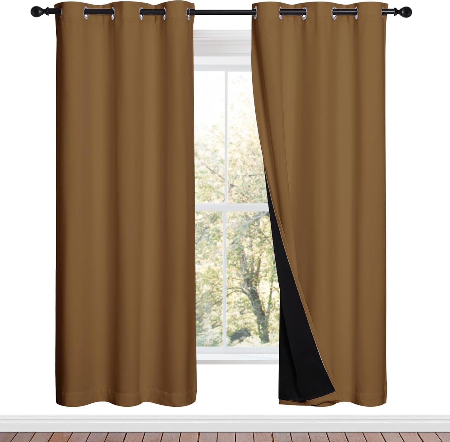 NICETOWN Full Shade Curtain Panels, 37" Wide x 70" Long, Gold Brown, Pair of Thermal Insulated & Energy Efficiency Blackout Drapes for Living Room, Lined Silky Performance Window Dressing