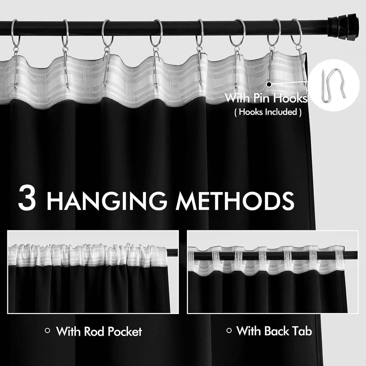 MIULEE Black Back Tab Blackout Curtains 132 Inch Length 2 Panels Set for Living Room Bedroom Privacy, Halloween Rod Pocket/Pinch Pleat Thermal Insulated Room Darkening Pleated Light Blocking Drapes