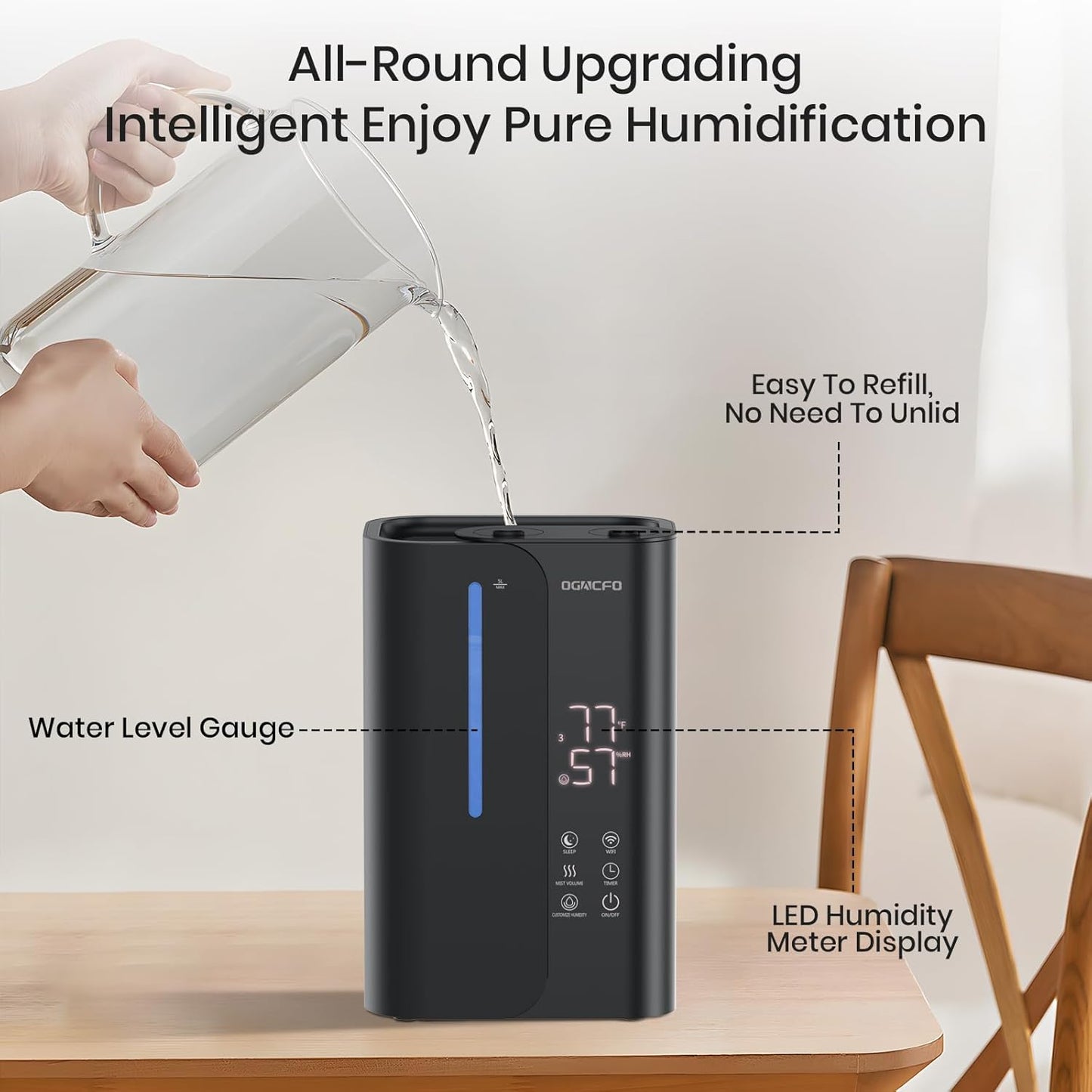 5L Cool Mist Humidifiers for Bedroom Large Room, Top Fill Ultrasonic Smart Air Humidifier for Baby & Plants with Essential Oil Diffuser, 50H Runtime 28 dB Quiet Baby Humidifier