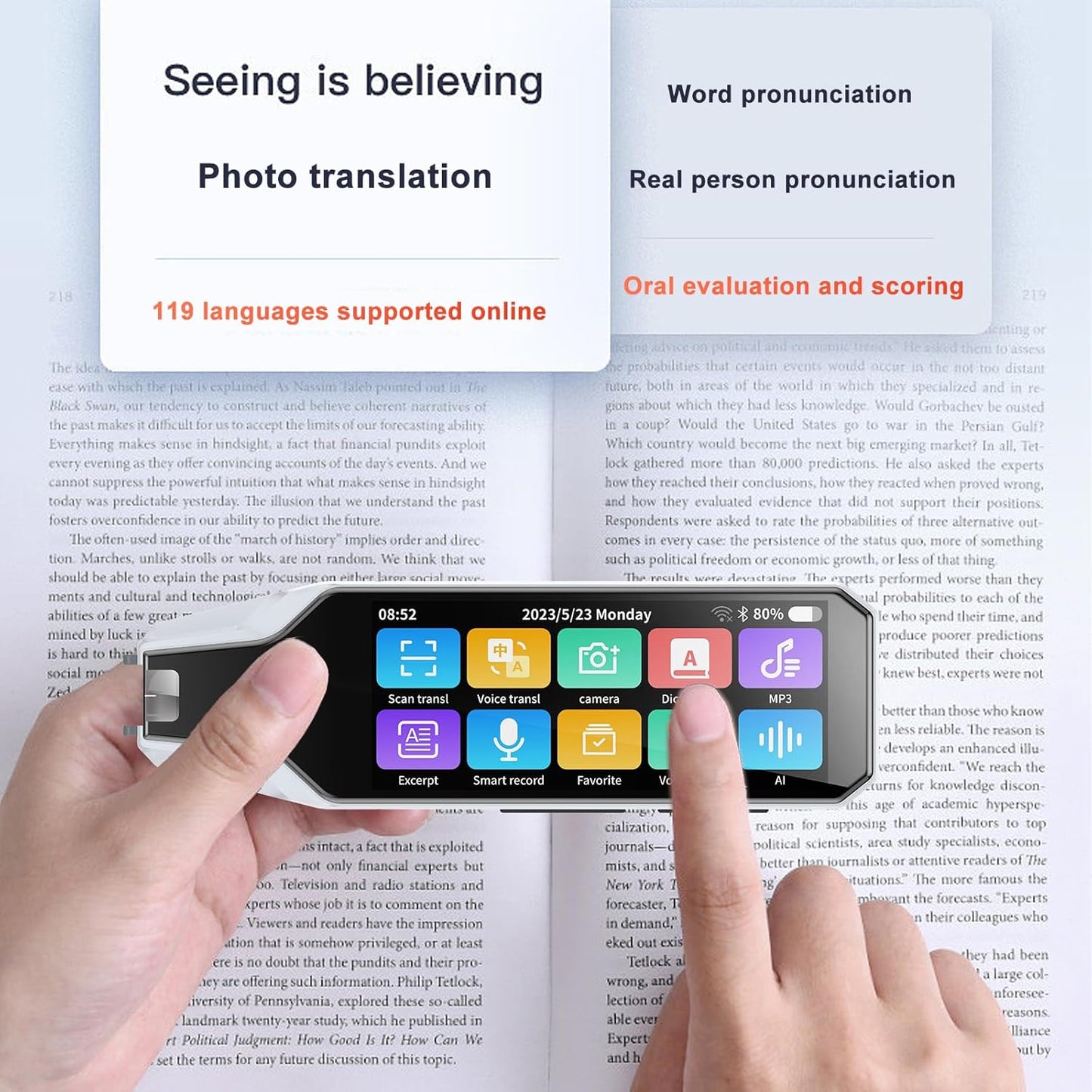 AI Reading Language Translator Pen, Translation Scanner, 134-Languges & Accents, Real-time Translation Device, HD Sound, Long Battery Life, for Students Adults (4.0 inches White)