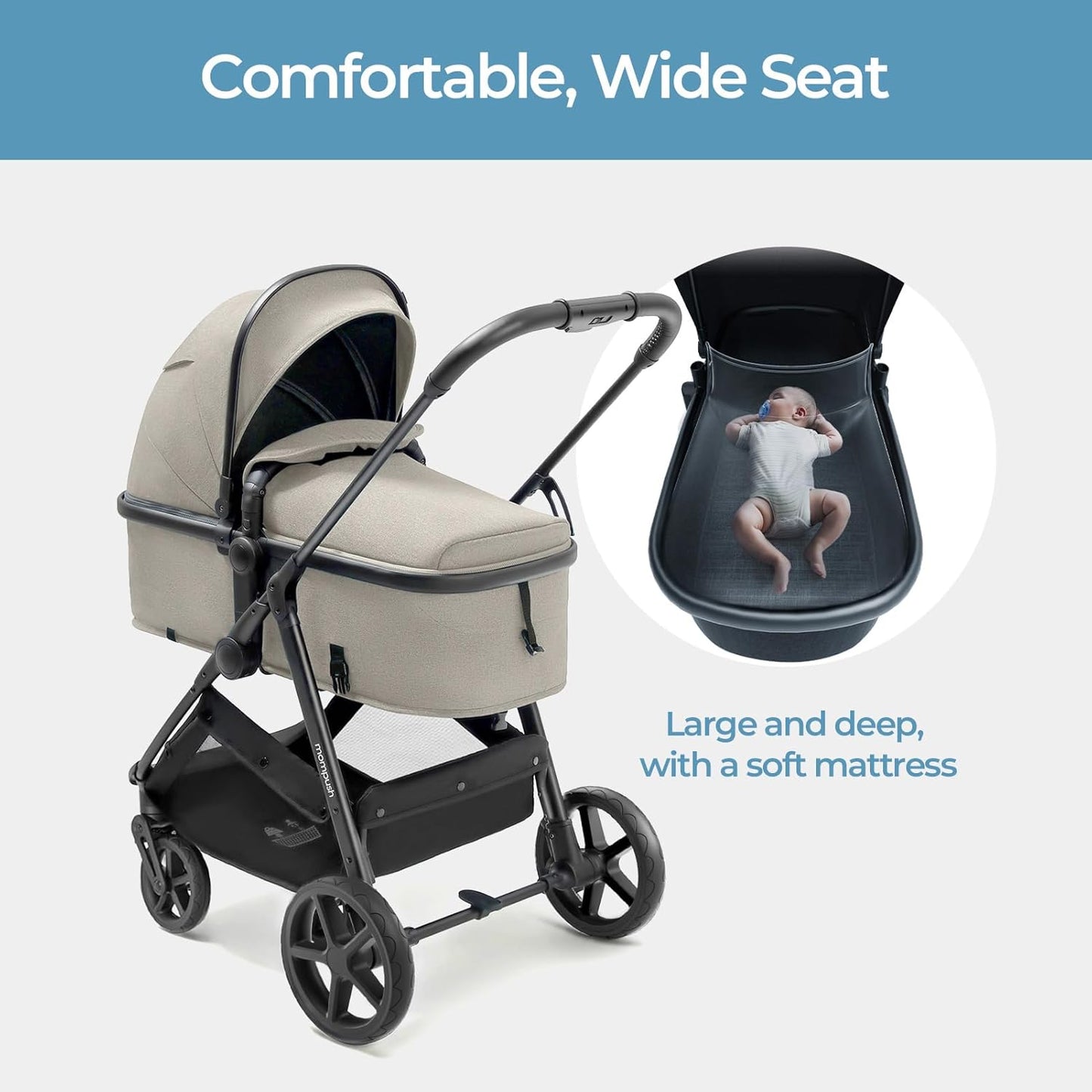 Mompush Wiz 2 in 1 Baby Stroller with Bassinet Mode, Convertible Infant Stroller for Newborn and Toddler with Reversible Seat and Large UPF 50+ Canopy