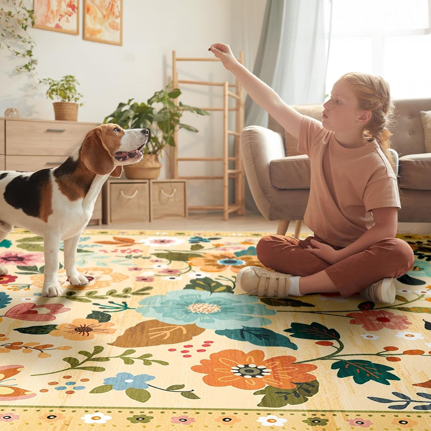 Floral 9x12 Area Rug Machine Washable Soft Print Boho Carpet Non Slip Doormat Low Pile Flower Area Rugs for Living Room Bedroom Nursery Kitchen Dining Room Indoor-Ivory/Yellow