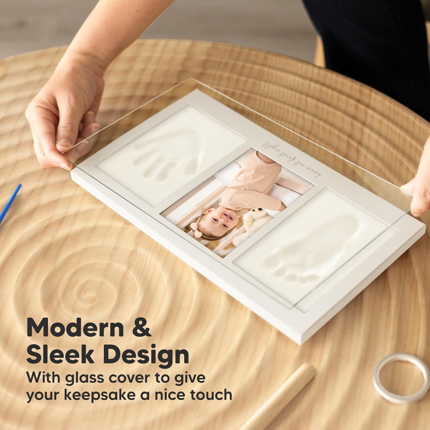 Baby Hand and Footprint Kit - Clay Handprint Keepsake Frame, Newborn Nursery Picture Frame, Personalized New Mom Gifts for Baby Shower & Registry (Medium Oak)