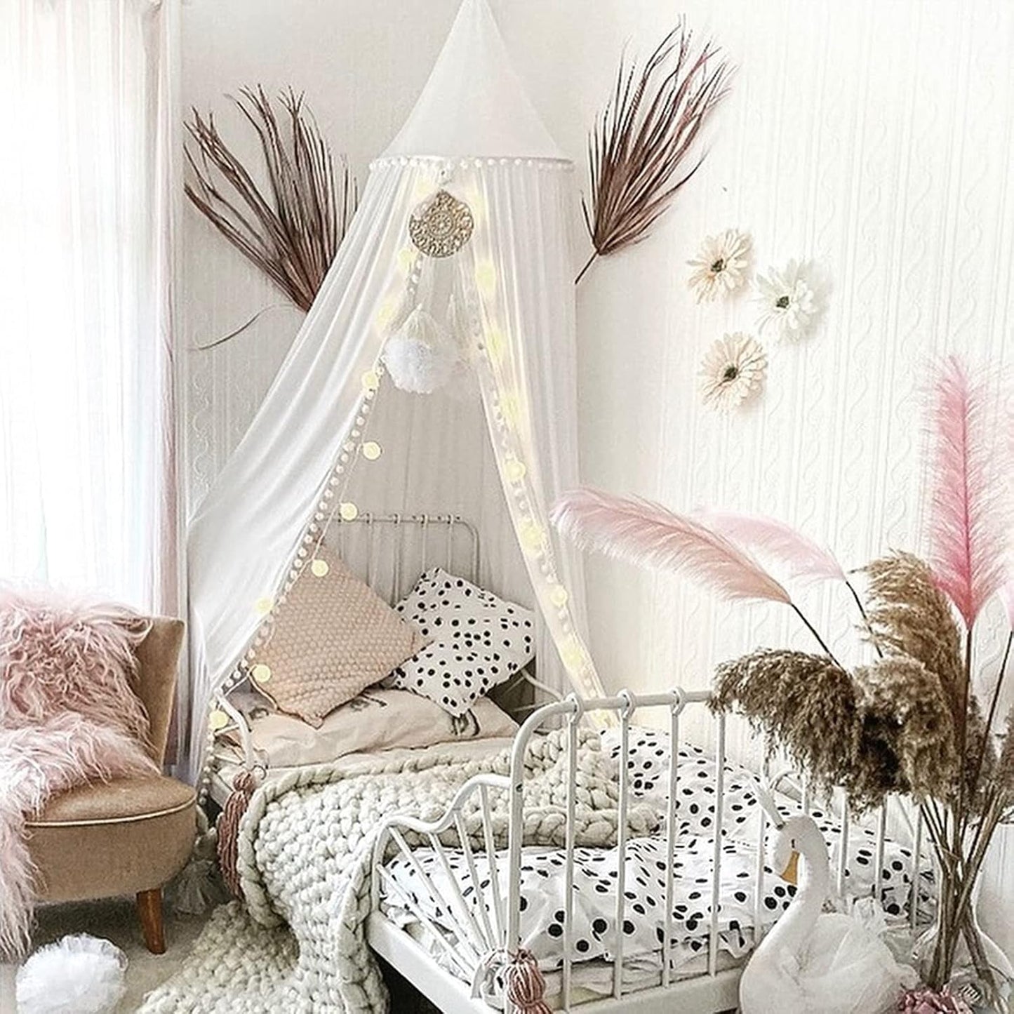 Bed Canopy with Pom Pom Cotton Canopy for Kids Crib Baby Girl Netting Cover Canopy Crib Curtain Reading Nook Hanging Tent Nursery Play Game Castle Room Decoration (White)