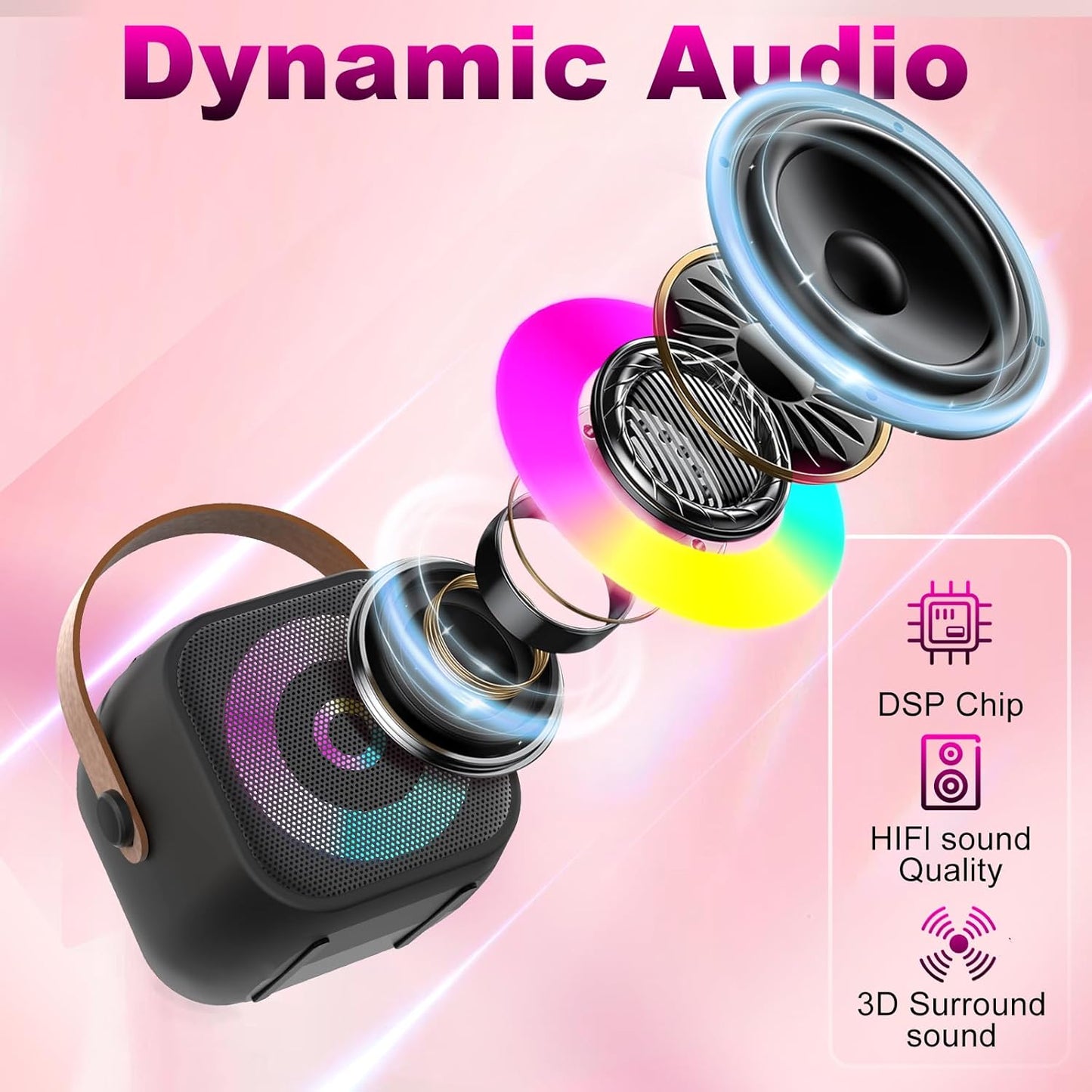 Mini Karaoke Machine, Portable Bluetooth Karaoke Speaker with 2 Wireless Mics for Kids and Adults, Birthday Gifts for Girls and Boys 3-12+ Years Old Birthday Party Home Black
