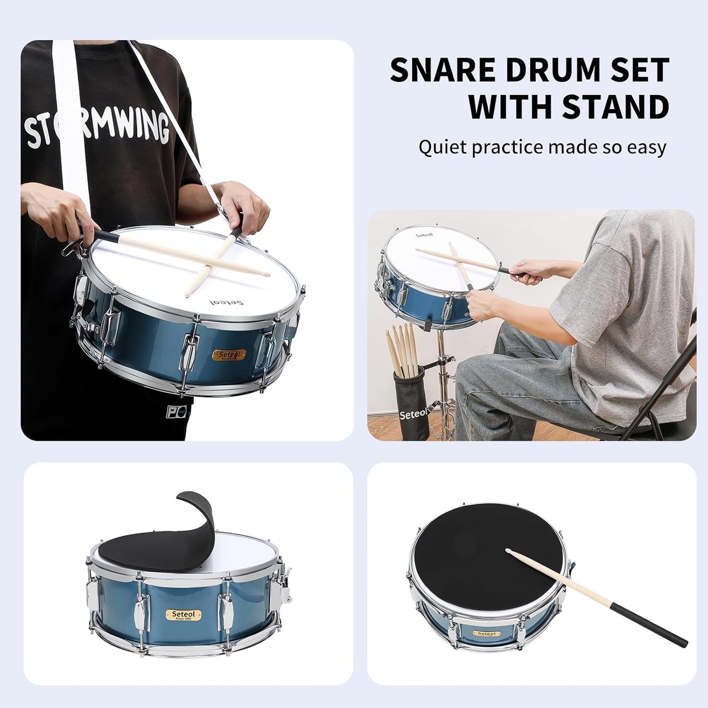 Snare Drum Set, 14" x 5.5" Marching Snare Drum with Stand & Storage Padded Bag + Silent Mute Pad + Drums Sticks + Drumstick Holder + Drums Key + Damper Gels for Adults Kids Beginners (Blue)
