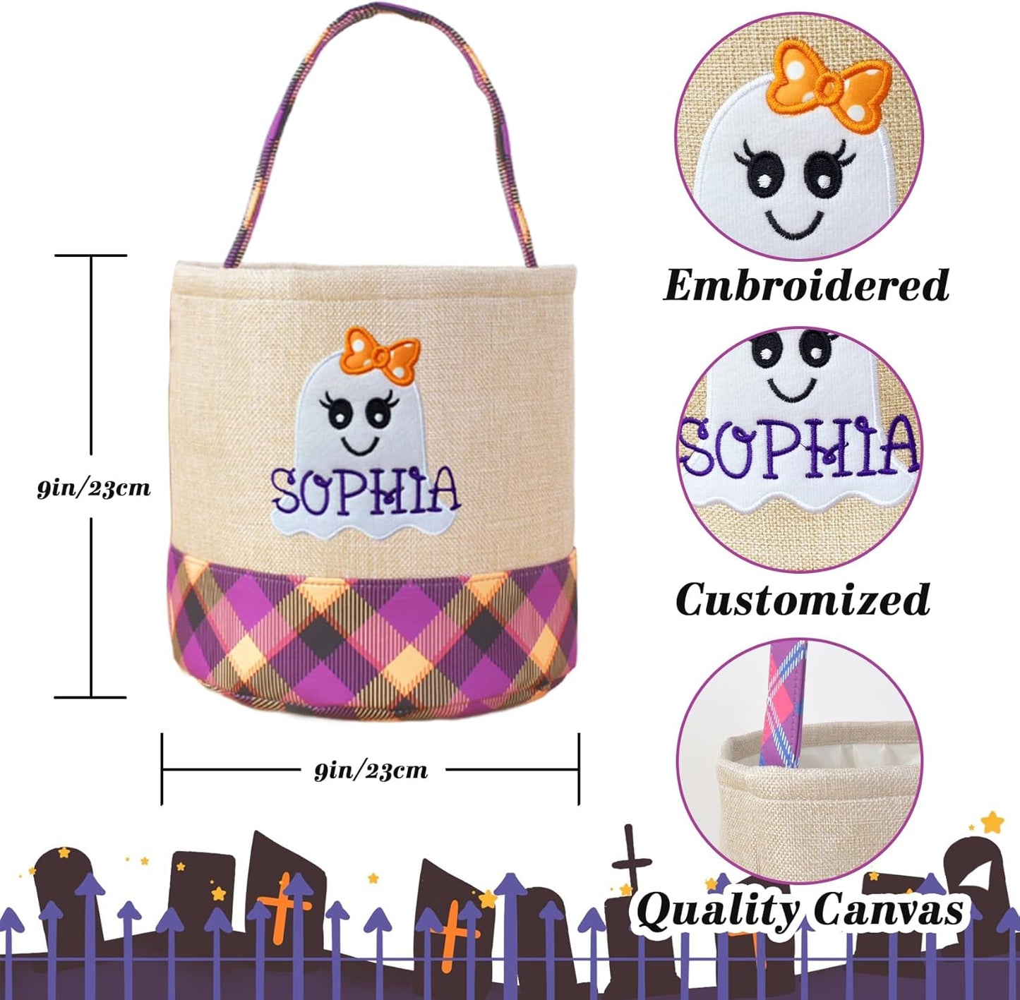 Personalized Halloween Trick or Treat Bag with Name – Custom Embroidered Candy Bucket for Kids, Cute Ghost Design Basket, Reusable Fabric Canvas Pumpkin Tote Gifts for Boys & Girls (Ghost)