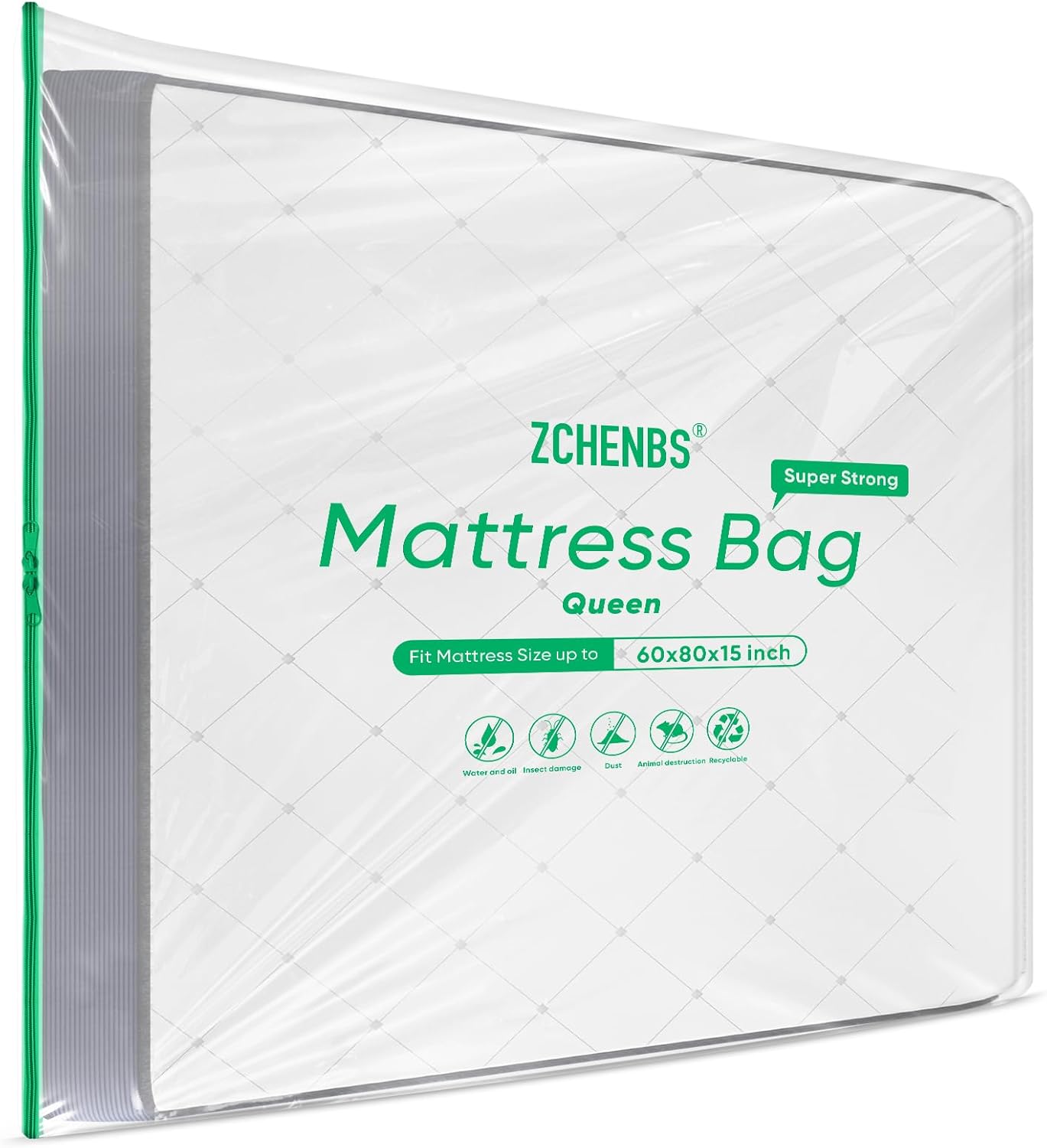 ZCHENBS® – Mattress Bags for Moving and Storage,Mattress Bag with Zippers,5 Mil Ultra-Thick Bed Bag,Waterproof,Anti-Tear,Heavy-Duty Mattress bag (Tansparent/Green, Queen-(1 Pack))