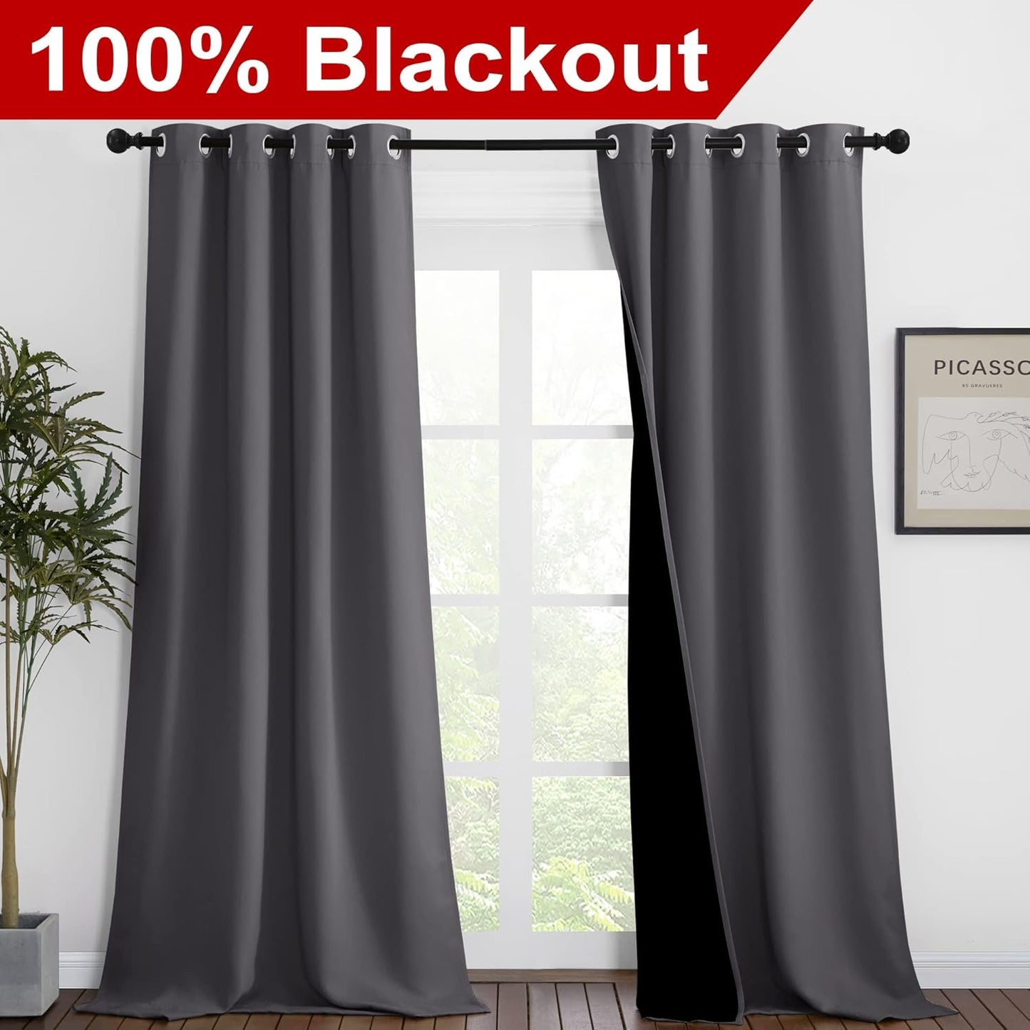 NICETOWN 100% Blackout Blinds, Set of 2, 46" x 96", Laundry Room Decor Window Treatment Curtains for Large Patio Sliding Door, Thermal Insulated Grey Curtains for Bedroom
