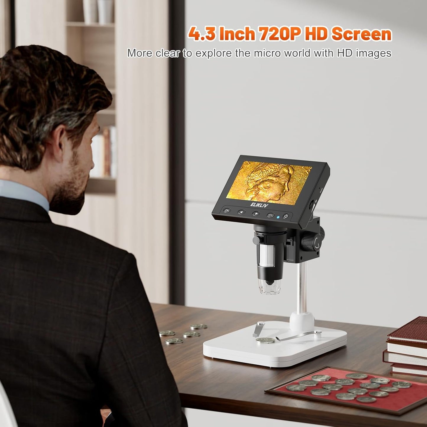 Elikliv Microscope, LCD Digital Coin Microscope 1000x, Coin Magnifier with 8 Adjustable LED Lights, PC View Compatible with Windows/MacBook, EDM4, 4.3-Inch