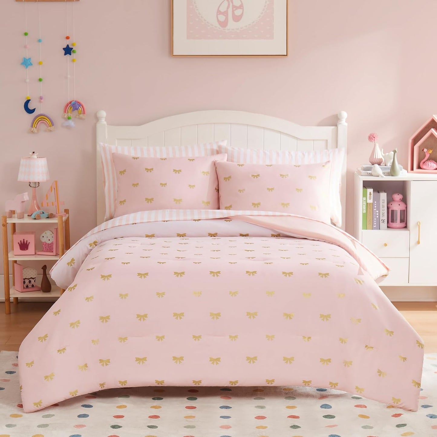 Queen Comforter Set with Sheets for Girls-7 Pieces Queen Bedding Sets with Pink Comforter, Sheets, Pillowcases & Shams for Kids (Pink Gold Bow, 90" X 90")