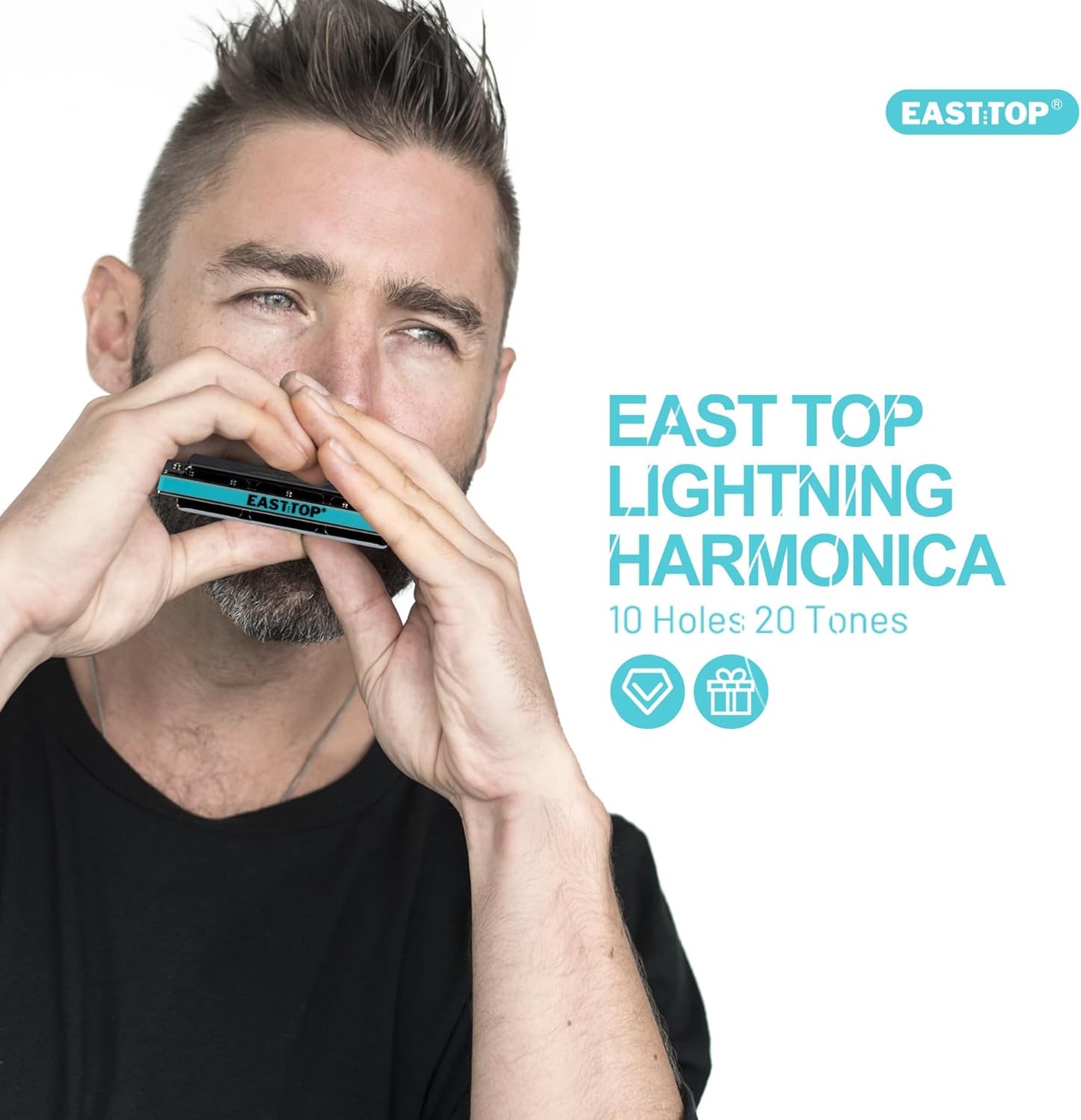 East top 10 Hole Professional Diatonic Harmonica, Key of B, Blues Harp Mouth Organ, ABS Plastic, Silver Cover, Phosphor Bronze Reeds