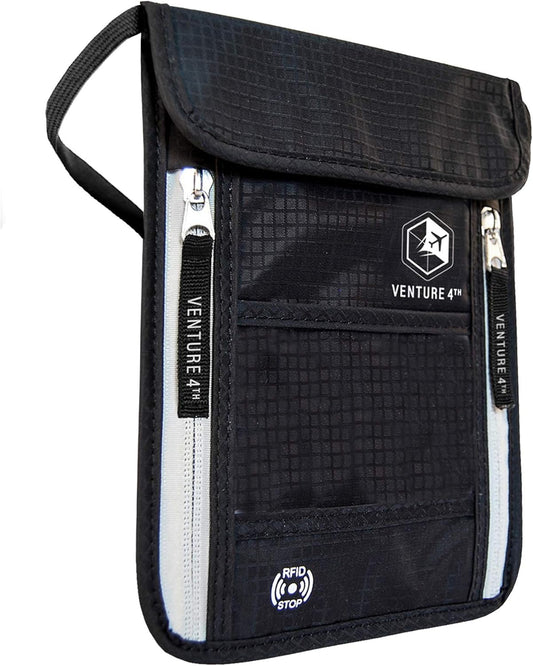 VENTURE 4TH Passport Holder Neck Wallet with RFID Blocking Nylon Lining - Hidden Neck Pouch for Travel (Black)