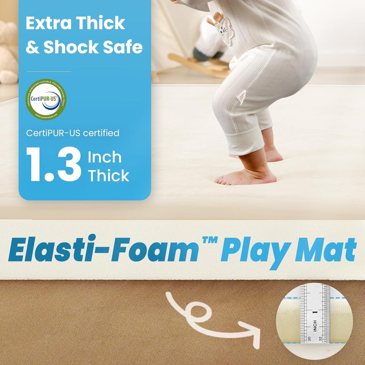 Ultra Soft Baby Play Mat,71"×79" Extra Large Activity Tummy Time Mat for Toddlers,Infants,Kids,1.3" Thick Elasti-Foam Nursery Rug for Floor,Non-Slip Safe for Crawling,Water-Repellent(Ivory)