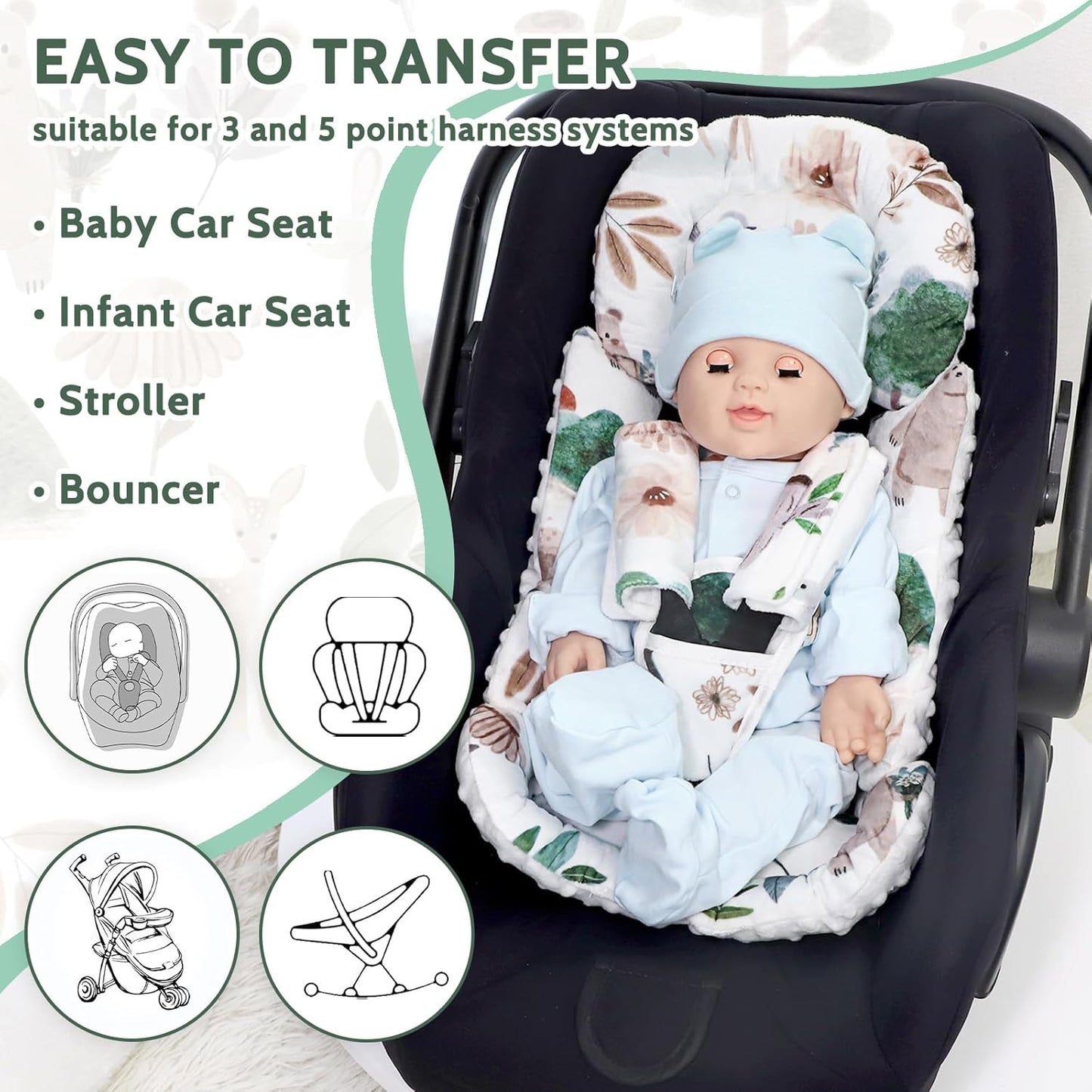 Infant Car Seat Insert and Strap Covers, Very Soft Car Seat Head Support Baby Girl Boy, Reversible Newborn Carseat Insert Cushion Fits for Stroller, Baby Swing, Bouncer (White Animals)