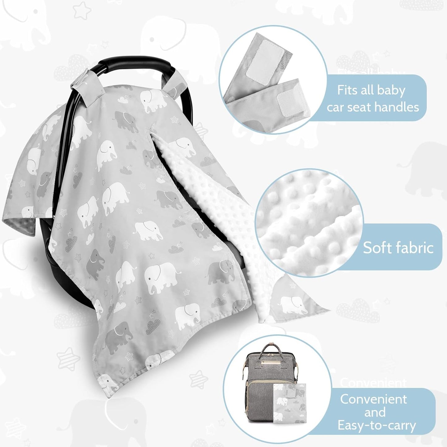 TANOFAR Car Seat Cover Baby, Carseat Covers Baby Boy Girl, Peekaboo Opening Infant Car Seat Cover for Winter, Warm & Cozy, Grey Elephant