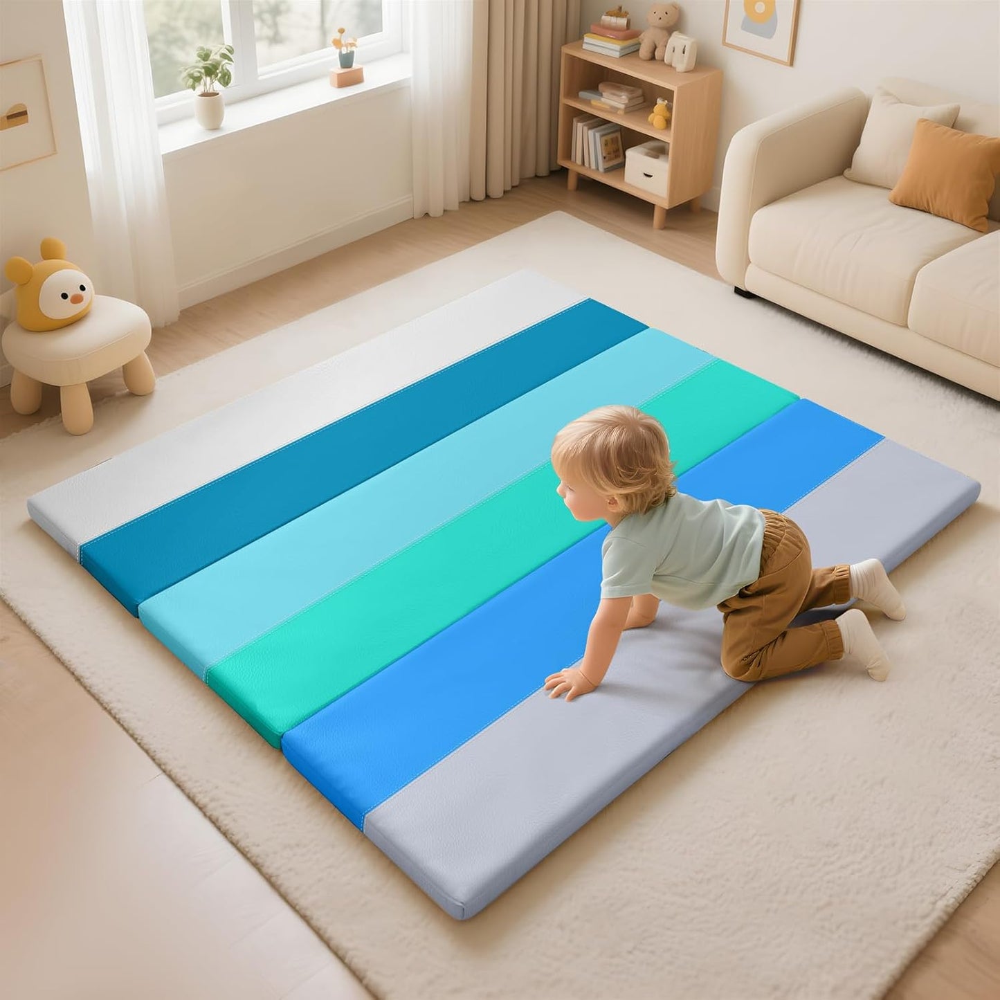 Foam Baby Play Mat: PU Leather Waterproof Kids Playmat - Trifold Floor Mat - Large Play Mat for Playpen Thick Pad Fodable Mattress Soft Toddler Mattress Infant Cushion for Preschool (Modern)