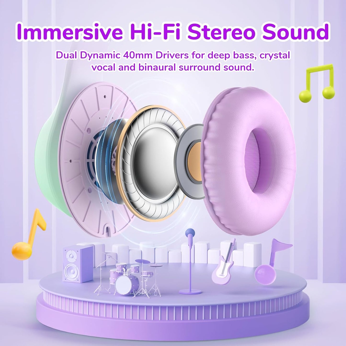 EarFun K3 Kids Headphones, Over Ear Headphones with Microphones, 85/94dB Volume Limit, HD Stereo Sound, Foldable Wired Headphone for School/Travel/Boys/Girls/Tablet/iPad (3.5mm Plug with Mic, Violet)