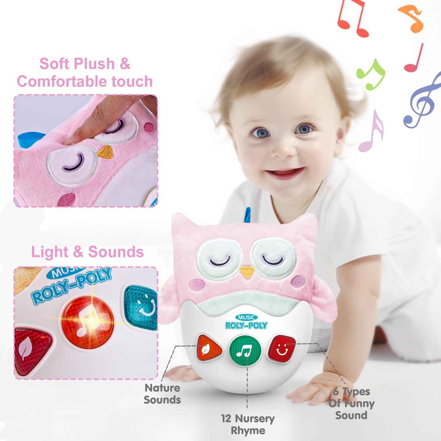 Baby Toys 0-6-12 Months, Plush Owl Stuffed Animal Musical Toys with Light & Sounds, Infant Roly-Poly Sensory Birthday Easter Egg Gift for Newborn Boys & Girls