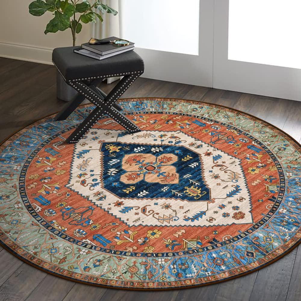 Lahome Boho Washable 4Ft Round Area Rug, Non-Slip Throw Untra-Thin Small Round Carpet, Oriental Vintage Distressed Circle Rug for Bedroom Kitchen Dining Living Room Office, 4x4/Rust
