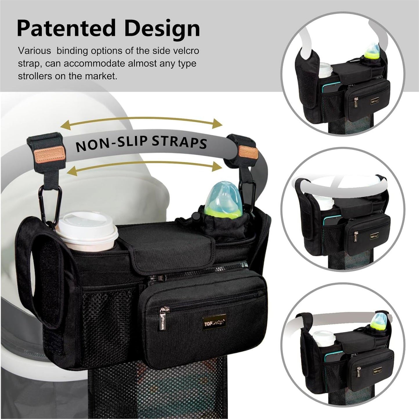 TOPDesign Universal Baby Stroller Organizer, Stroller Caddy with Detachable Mesh Bag & Heightened Insulated Cup Holders & Non-Slip Secure Hooks Accessories, Fits Most Strollers (Colorful Butterfly)