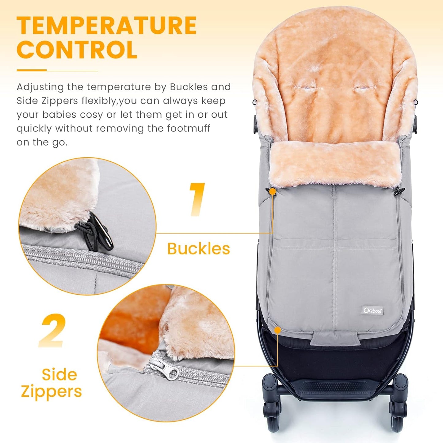 Orzbow Stroller Footmuff Universal | Faux Wool Baby Bunting Bag | Warm, Weather-proof, Adjustable Buckles | Winter Stroller Blanket Cover | Baby Sleeping Bag for Cold Weather Accessories, Light Gray