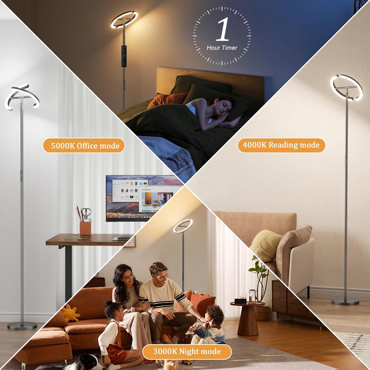 Floor Lamps for Living Room, 40W/2400LM LED Floor Lamp with Touch & Remote Control, 70" Tall Standing Lamp Stepless Dimmable, Modern Torchiere Corner Lamp for Bedroom, Office - Grey