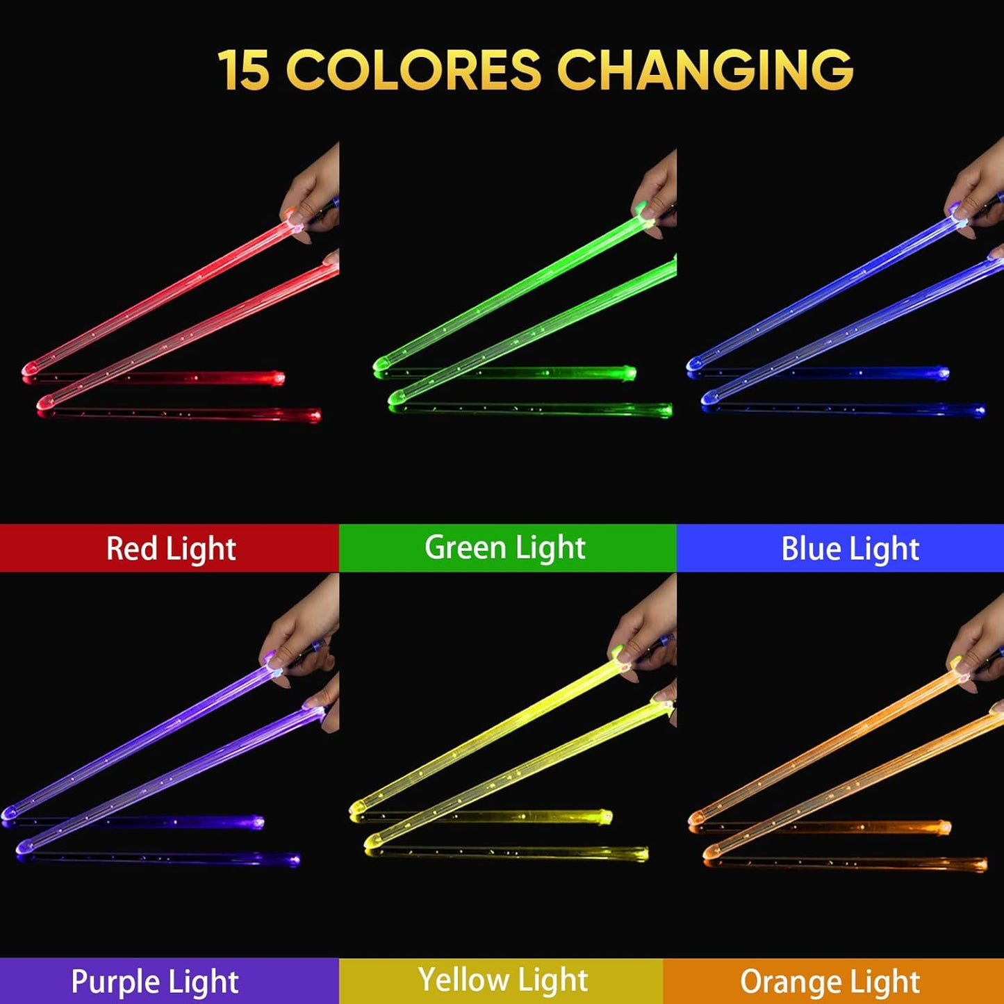 Light Up Drum Sticks Rechargeable 15 Color Changing Led Personalized Drumsticks for Kids Drummer Gifts Drum Accessories